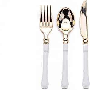 Sugar &amp; Cloth White and Gold Plastic Disposable Flatware Set, 36-Piece, Service for 12