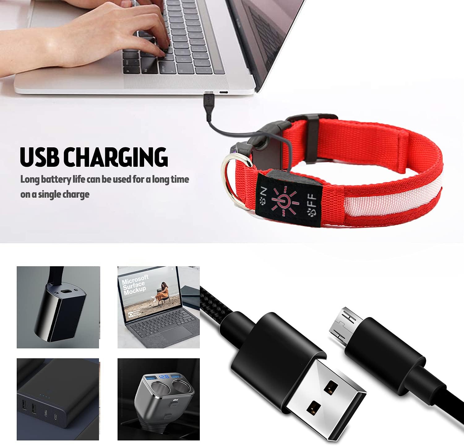LED Dog Collar, Reflective Dog Collar, USB Rechargeable with 100% Waterproof Luminous Collar, Suitable for Medium and Large Dogs (Red, L)