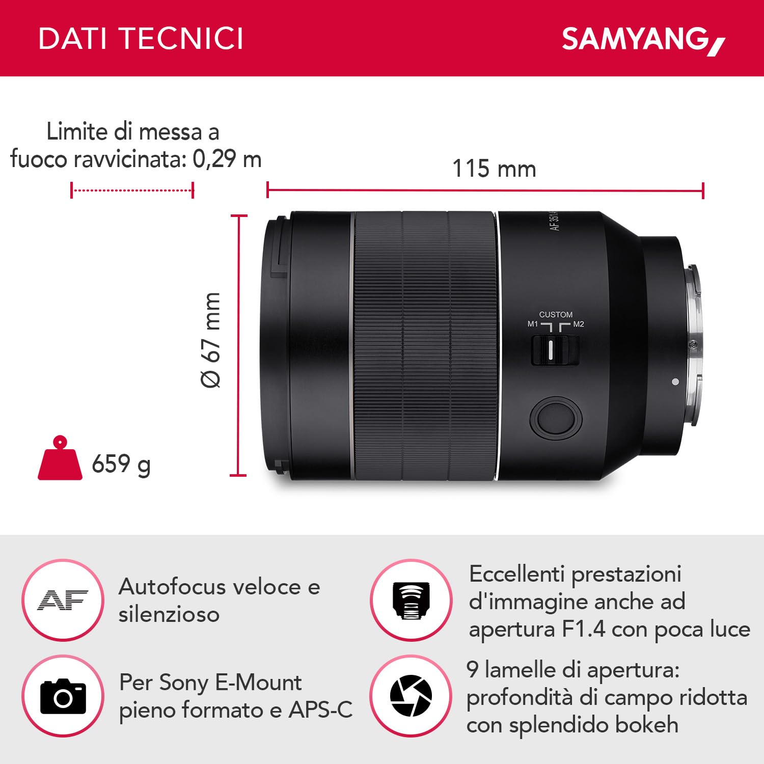 Samyang AF 35mm F1.4 II FE per Sony E - autofocus formato completo e obiettivo grandangolare APS-C lunghezza focale fissa mirrorless Sony E Mount con sistema custodia in alluminio protezione