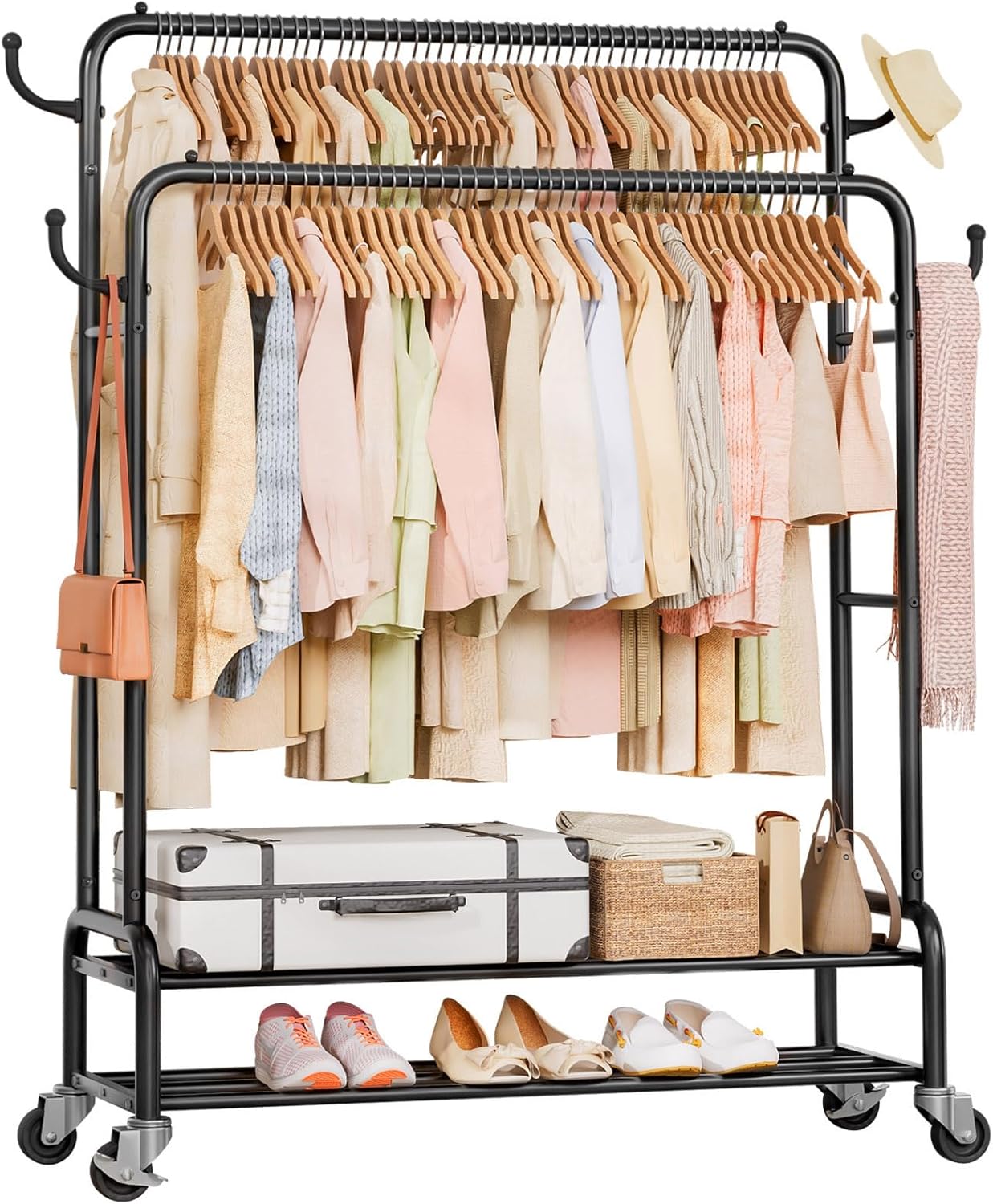 Homde Heavy Duty Clothes Rack: 265lb Double Rod Garment Hanging for Indoor - Rolling Coat Organizer Storage for Laundry Bedroom - Dress Shirt Closet Display on Wheels with Shelf (Black，44")