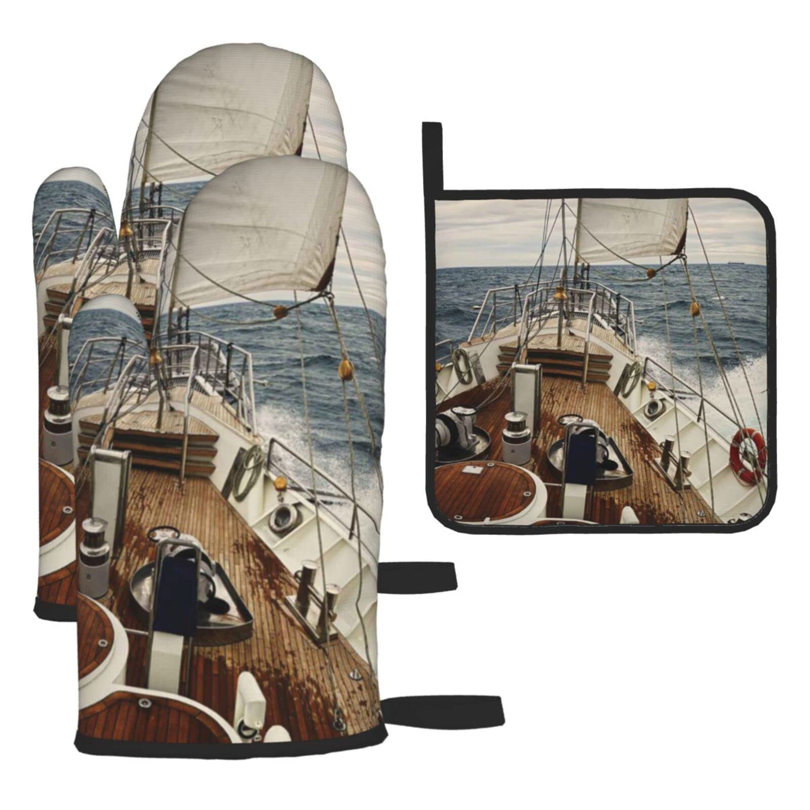 Ocean Sailboat Printed Kitchen Baking Three-Piece Heat-Resistant Thick Cotton Oven Gloves for Cooking and Baking.