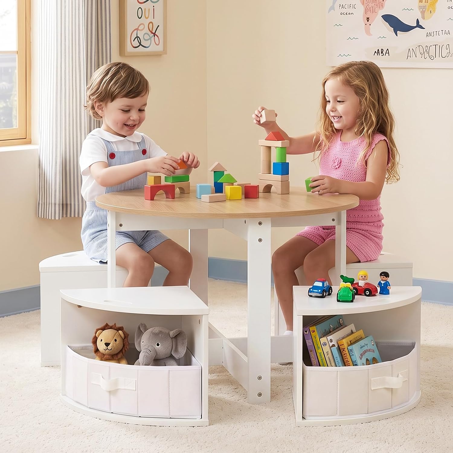 INFANS Kids Table and Chair Set,Wooden Round Desk with 4 Storage Drawers
