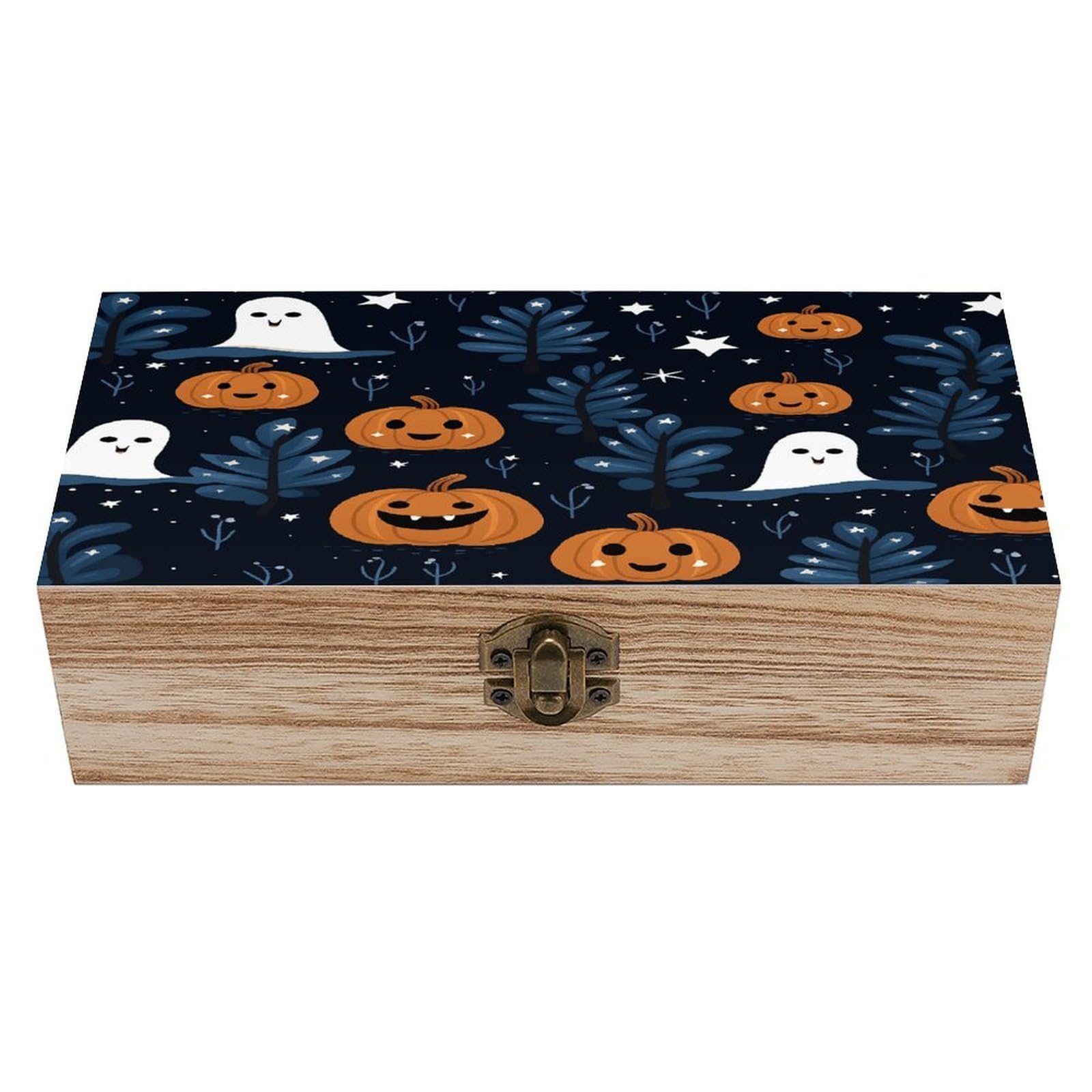 JTREHY Cartoon Pumpkin Head Wooden Keepsake Box Vintage-Style Wood Keepsake Case with Hinged Lid Solid Wood Boxes Beautifully Memory Treasure Case Vintage-Style Wooden Storage Box