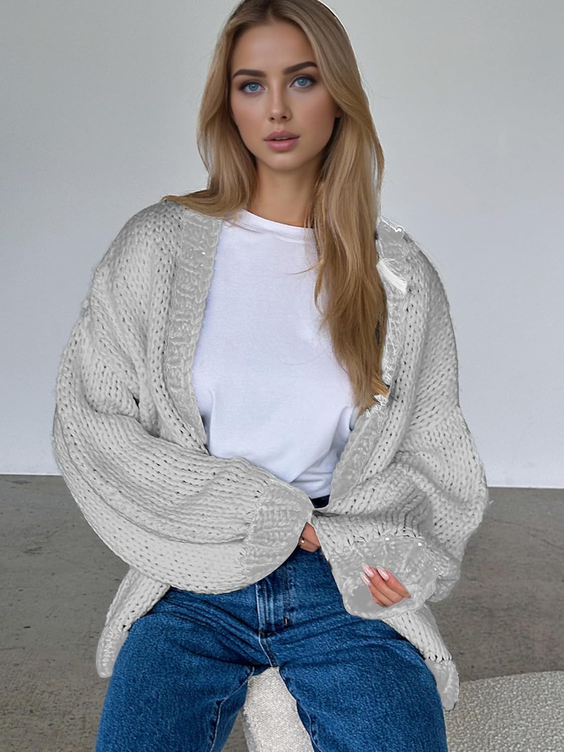 Women's Oversized Open Front Chunky Cardigans Sweaters Long Sleeve Knitted Jackets Tops