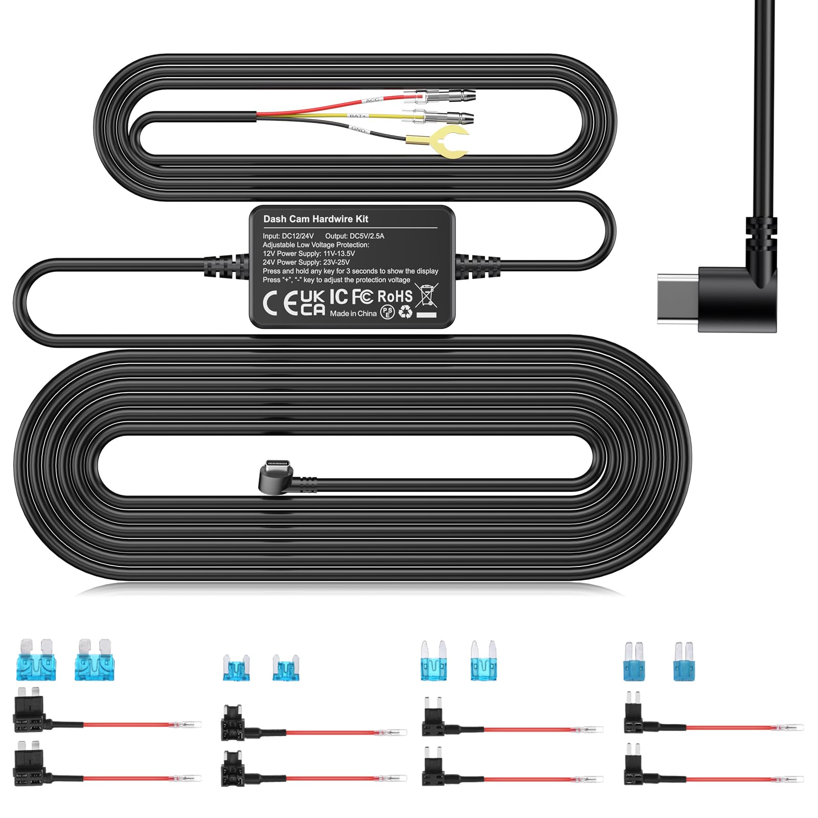 sarmert Dash Cam Hardwire Kit, 11.5ft USB C Car Dash Camera Charger Power Cord, 8 Fuse Taps, 12V-24V to 5V/2.5A Adjustable Low Voltage Protection, Enable 24H Parking Monitoring for C1, C2, M571, M572