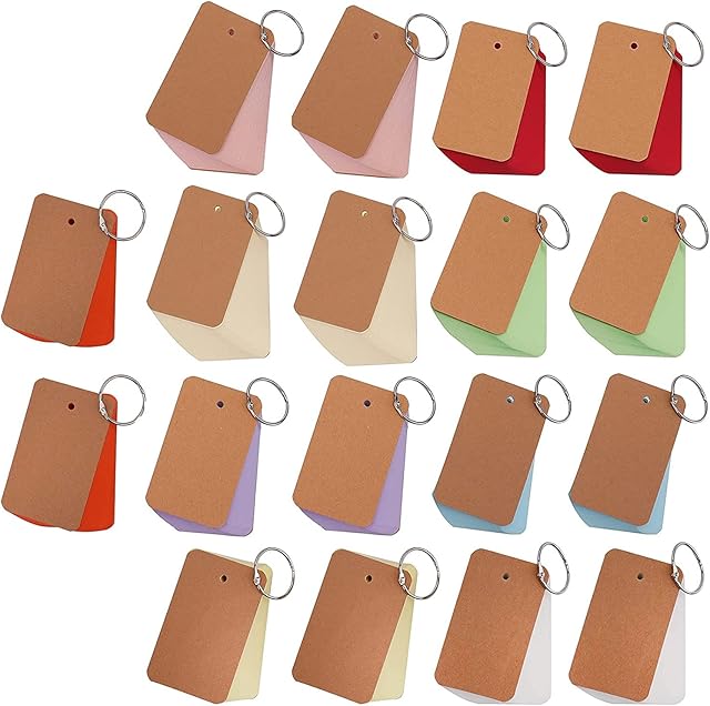WUWEOT 18 Pack 900 Pcs Blank Flash Cards with Rings, 5.6 x 8.9 cm Mini Index Cards with Binder Rings, Multicolor Kraft Paper Note Card, Memo Scratch Pads, Bookmark, DIY Greeting Card