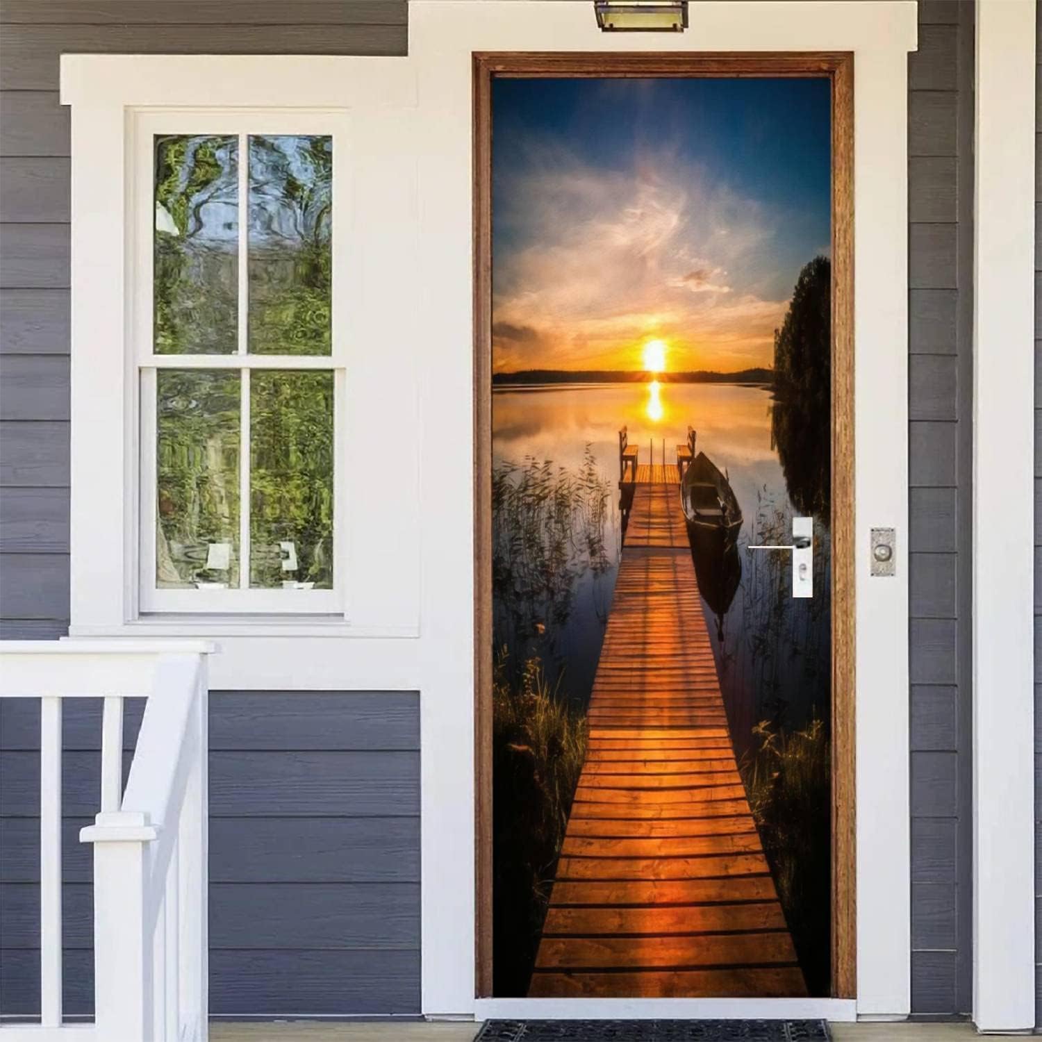 Fykjgs Modern Wooden Bridge Door Stickers for Interior Doors Sunset Scene 3D Door Decals Art Sticker Self Adhesive Door Murals for Bedrooms Living Room Bathroom Home Decor G248?95x215 cm?