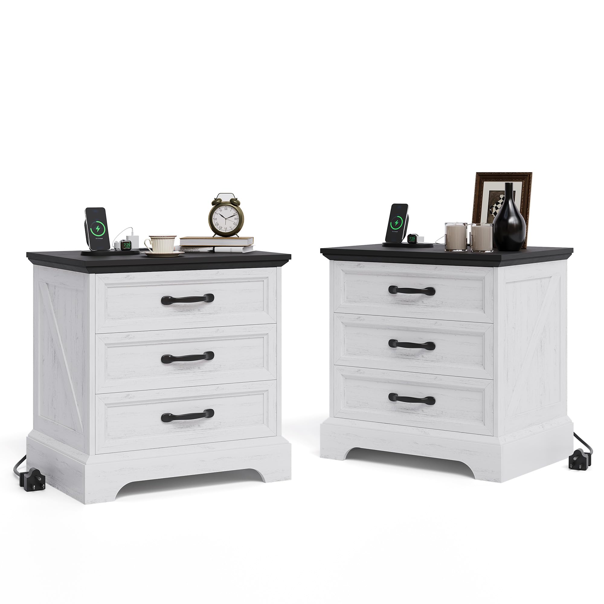 Modern Farmhouse Nightstand with Charging Station & 3 Large Drawers, Rustic 24.8 Inch Wide End Side Table Retro Wood Big Nightstand Set 2 Beside Table