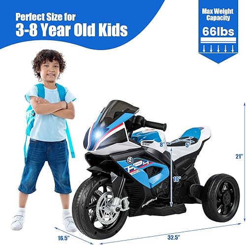 Miniatura 8 de HONEY JOY Motocicleta infantil de 12 V vehículo eléctrico con batería BMW para niños faros bocina música pedal de pie motocicleta de 3 ruedas regalo