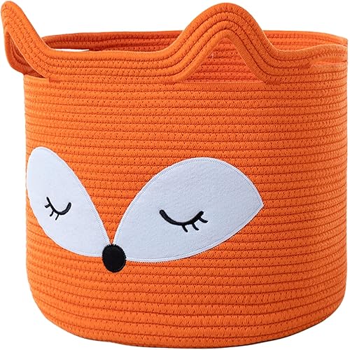 VK VK·LIVING Fox Toy Basket Cotton Rope Animal Baskets Orange Laundry Hamper for Toys, Clothes,Gifts,Towels, Blankets, Empty Gift Basket for Organizing with Handles 15''x14''