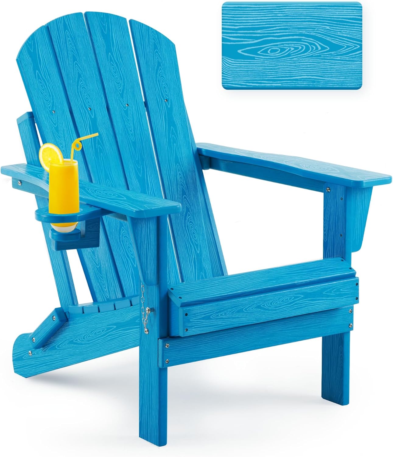 Folding Adirondack Chair, Patio Chair Weather Resistant, Outdoor Chair Wood Texture, Lawn Chair with Cup Holder, Fire Pit Chair for Deck,Outdoor,Porch,Backyard,Garden (Pacific Blue) Pacific Blue 1 pack