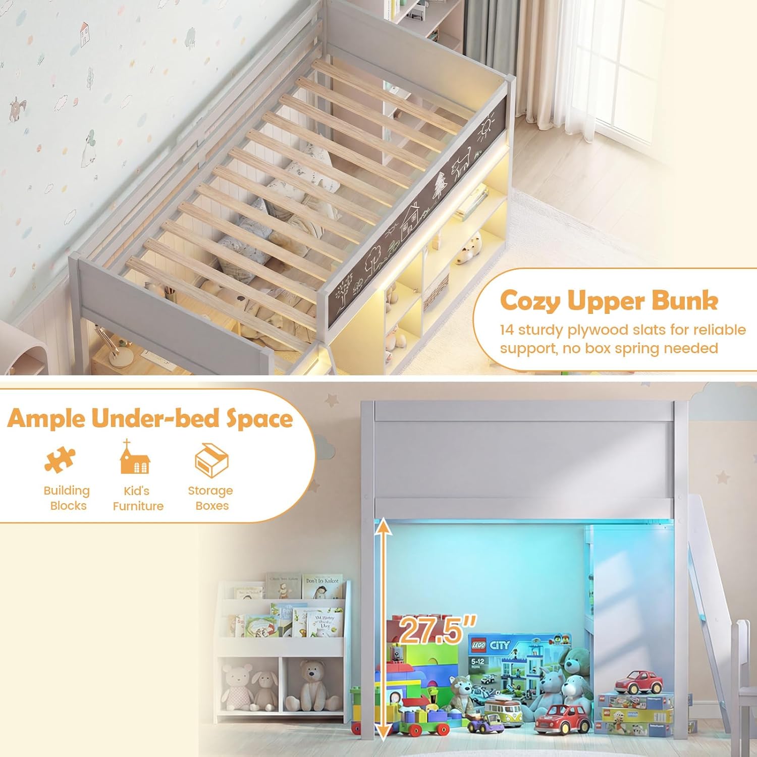 KOMFOTT Twin Size Low Loft Bed with LED Lights, Kids Wooden Loft Bed Frame with Ladder, Full-Length Safety Guardrail, Movable Bookcase & Under-Bed Play Space, No Box Spring Needed (Grey)