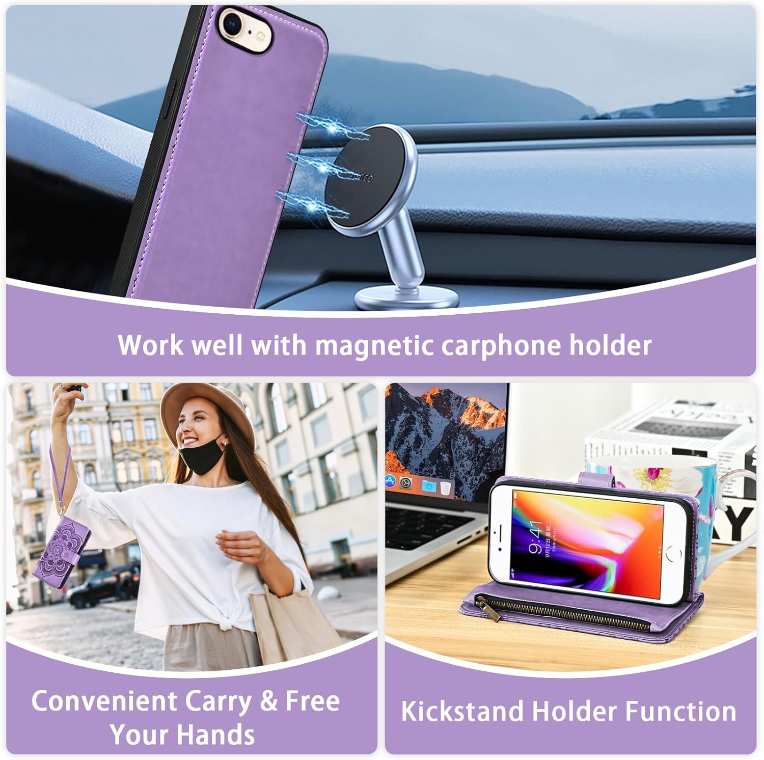 Phone Case for iPhone 7/8/SE 2020/2022 Zipper Wallet Cell Cover with Screen Protector Strap Flower Card Holder iPhone7 iPhone8 7s 8s i SE2020 SE2022 2/2nd/3/3rd Generation SE2 SE3 7SE 8SE Women Purple