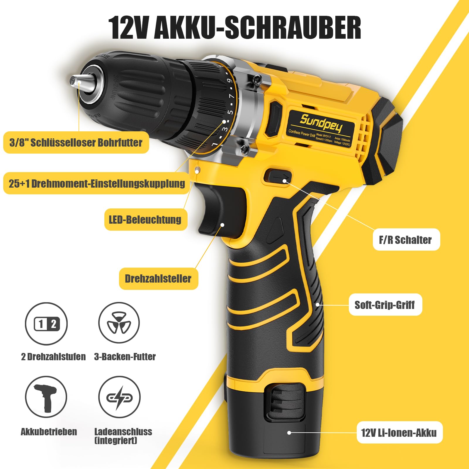 Sundpey Werkzeugkoffer Gefüllt 166tlg, 12V Akkuschrauber zum Anziehen/Lösen von Schrauben, Kompletter Werkzeugkasten für Haushalt und Heimwerker, Werkzeug-Sets für Reparaturen in Wohnung, Haus, Garten