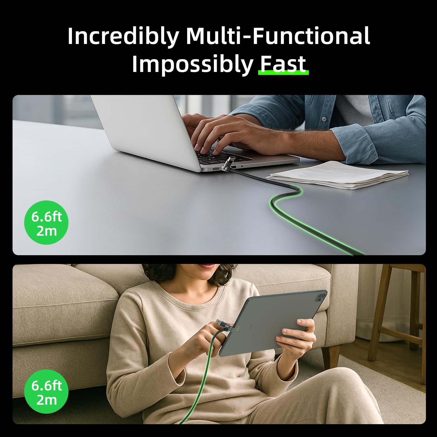 MFish Câble de charge rapide 4 en 1 avec étui, 2 m, 240 W maximum, chargeur rapide PD 3.1, USB-A/USB-C vers USB-C/Lightning, compatible CarPlay, lumière RVB, pour iPhone 17/16, iPad, MacBook, Galaxy