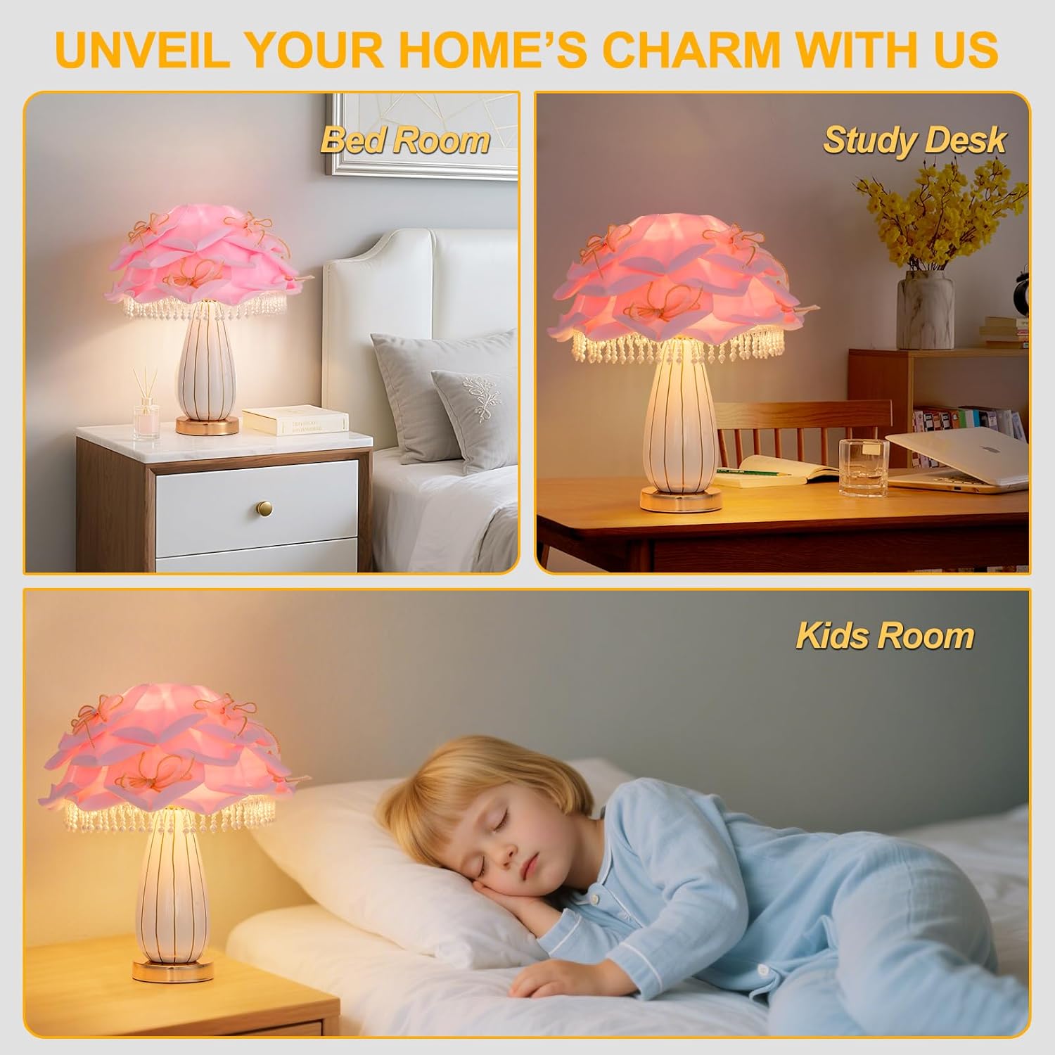 ZYLEISENBAO Pink Flower Lamp Romantic Bedside Lamp Cute Nightstand Light Nordic Bow Table Lamp for Bedroom Living Room Entry Office Study Room Kid Room Valentines Dating Wedding Chirstmas Deco