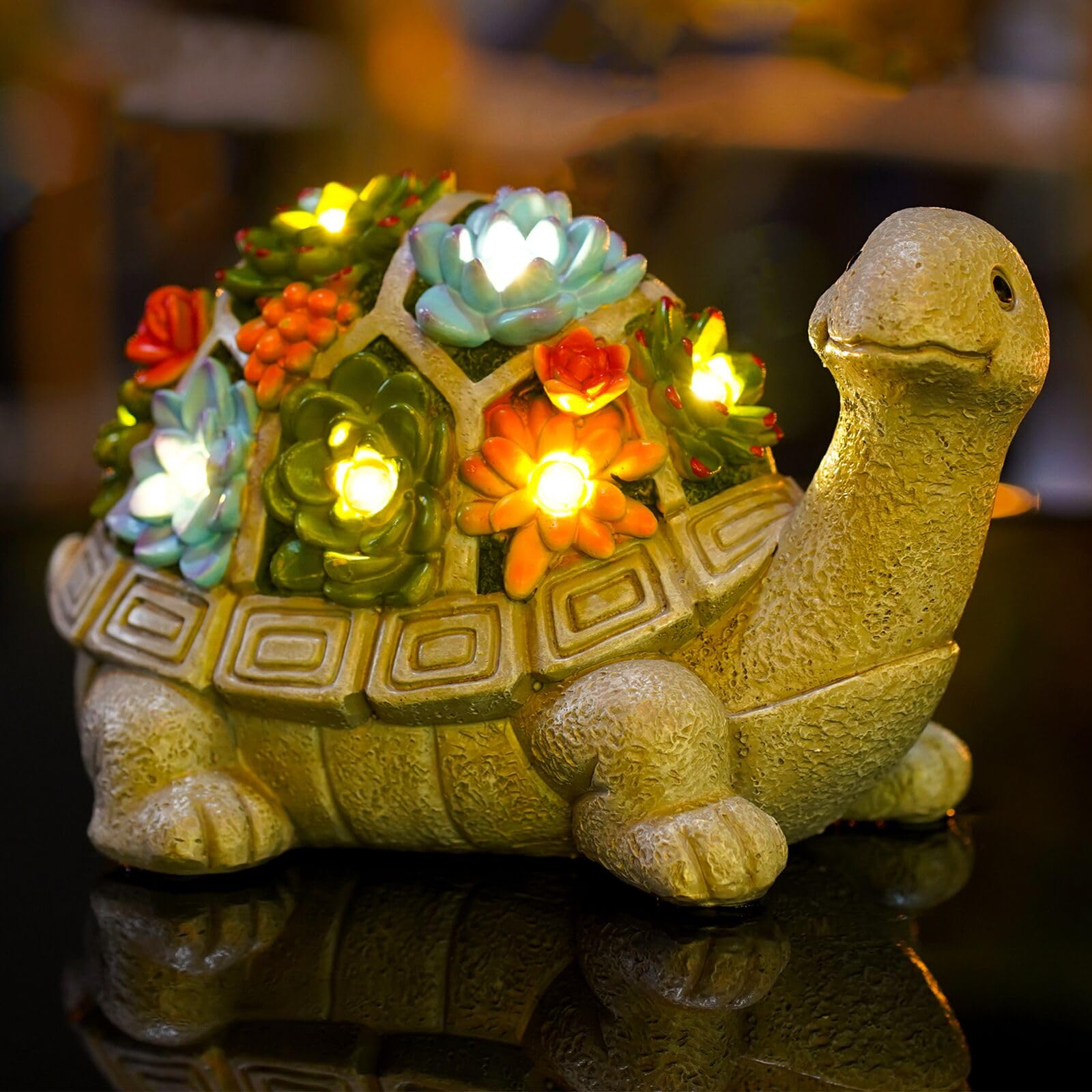 Goodeco Solar Schildkröten Statue Garten Dekorationen,Gartenschildkröte Figur Dekor mit Sukkulente und 7 LED Leuchten Dekor für Terrasse,Balkon,Rasen - Einzigartige Einweihungs Geschenke