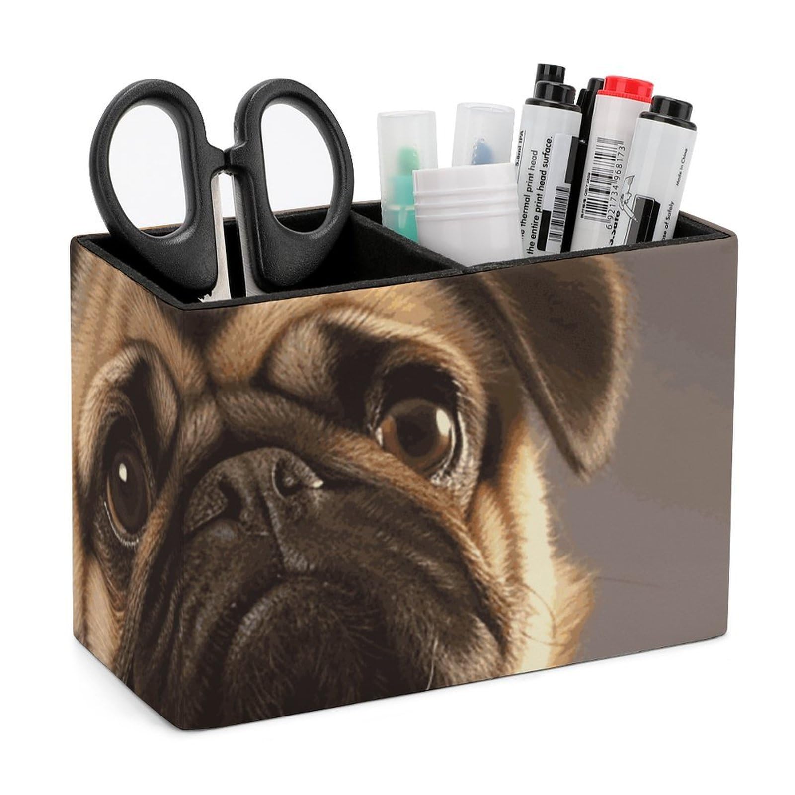 JTREHY Cute Pug Dog Pencil Holder Exquisite Fashion Leather Pen Receptacle Soft High-End Pen Container for Office Home Accessories Or Housewarming Present