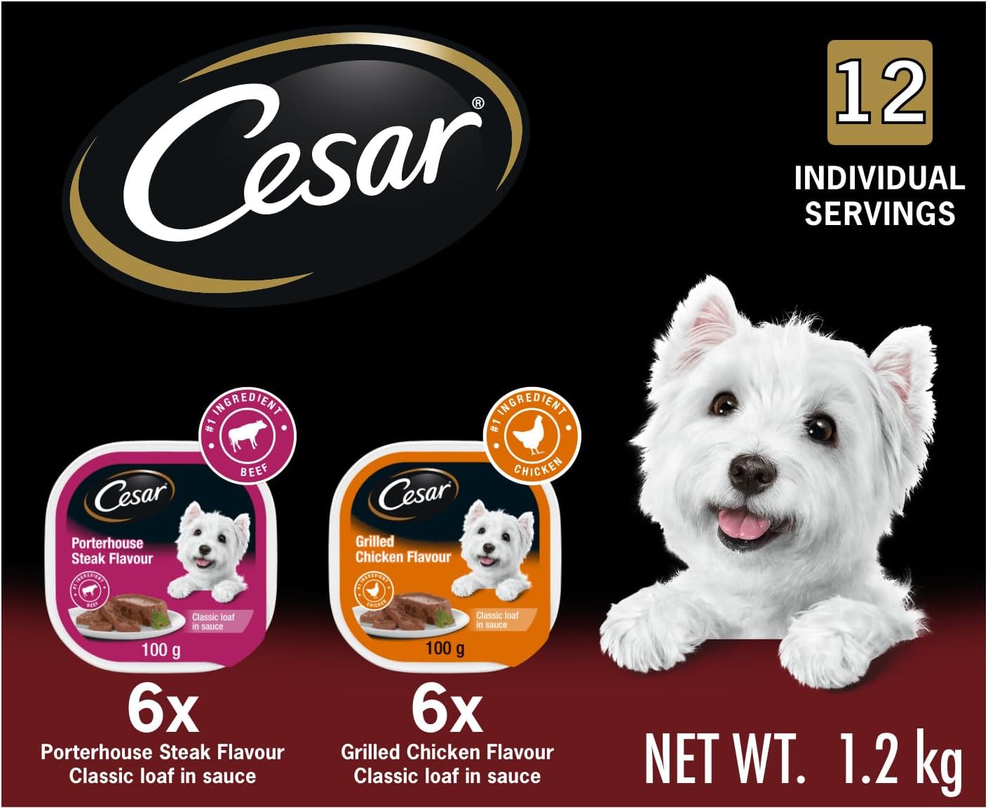 CESAR Dog Food Wet Classic Loaf in Sauce Entrées - Chicken - Porterhouse, 100g Tray (12 Pack)