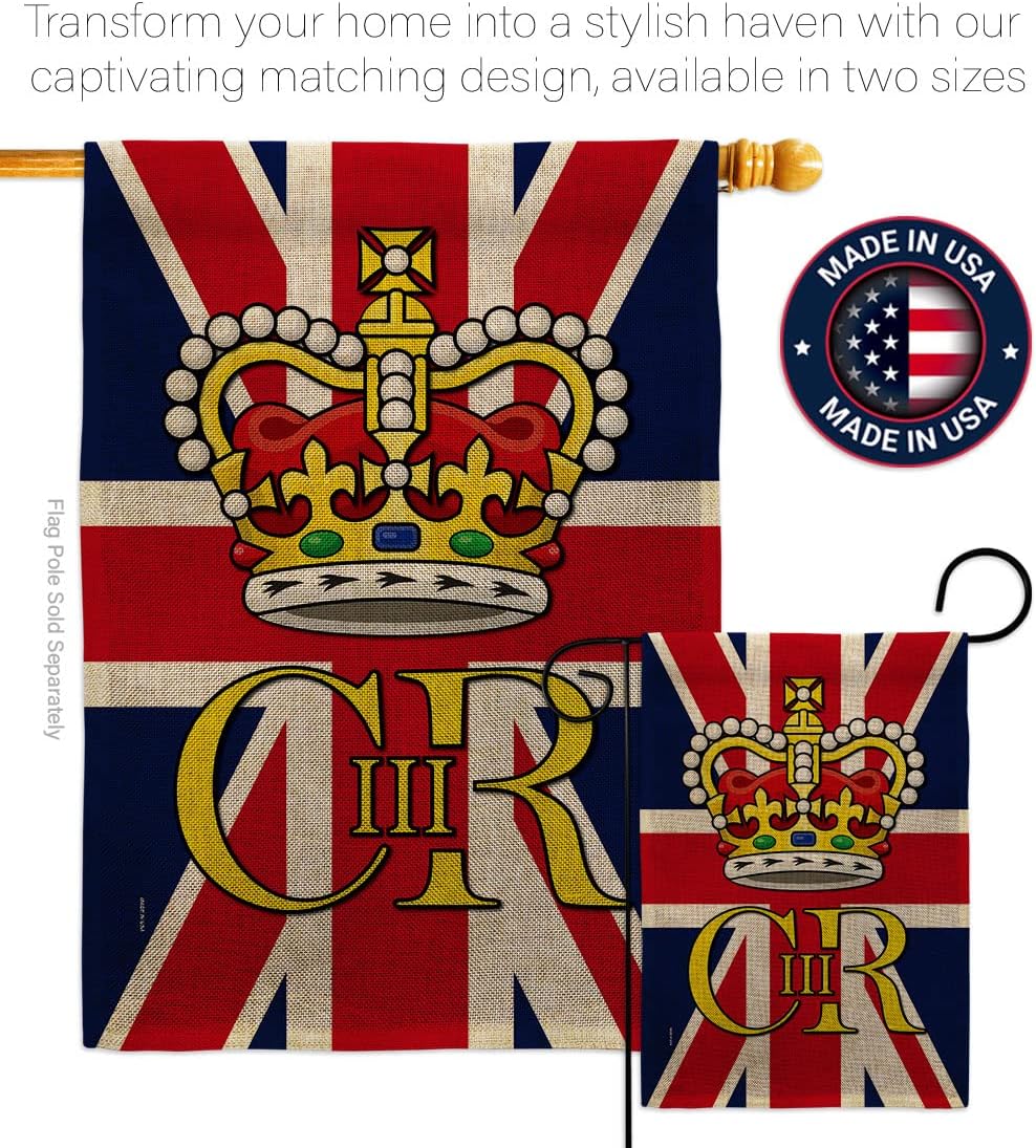 Coronation of King Charles III Garden Flag Burlap Home Decor Banner Wall Art Patio Porch Room Small Outdoor Tapestry Yard Sign Party Decorations Souvenirs Poster United Kingdom Memorabilia Made In USA