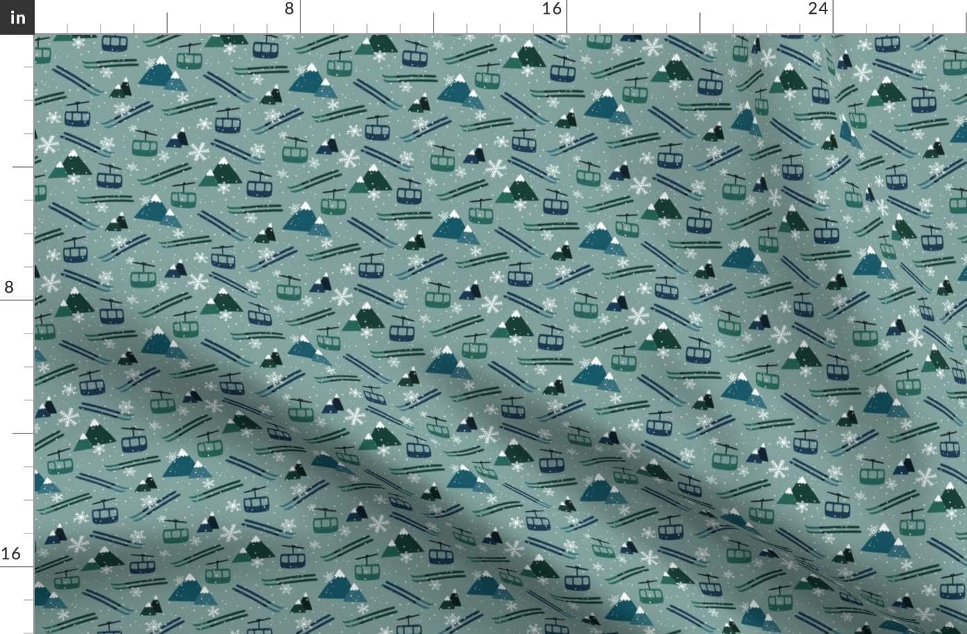 Spoonflower Fabric - Winter Mountains Ski Snowflake Blue Green Handdrawn Printed on Organic Cotton Sateen Fabric by The Yard - Sewing Quilting Apparel Home Decor