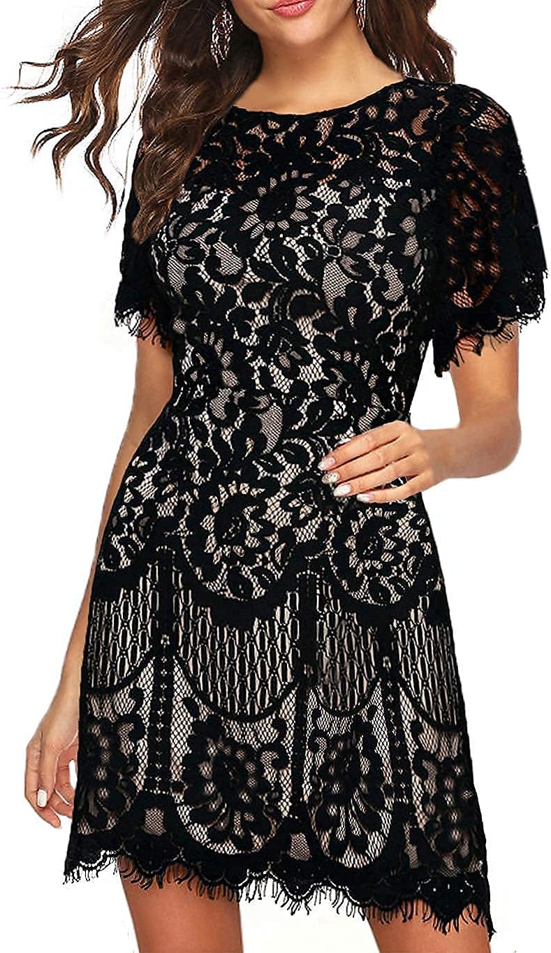 MSLGWomen's Elegant Round Neck V-Back Wedding Guest Floral Lace Cocktail Party A Line Dress 910