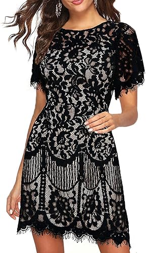 MSLG Women's Elegant Round Neck V-Back Wedding Guest Floral Lace Cocktail Party A Line Dress 910