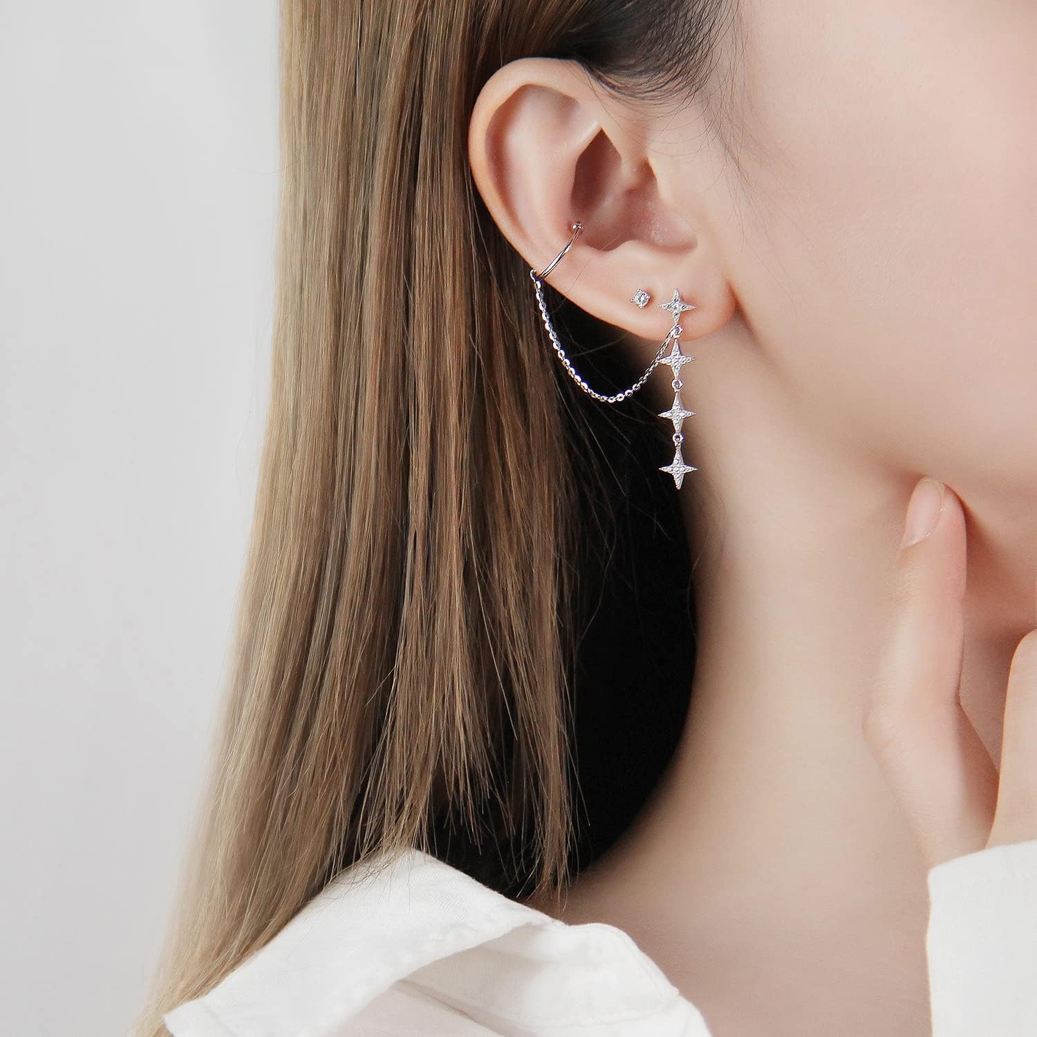 Ear Cuff Chain Earrings Star Stud Dangle Sterling Silver Star Cartilage Climber Earrings Rose Gold Hugging Ear Cuff