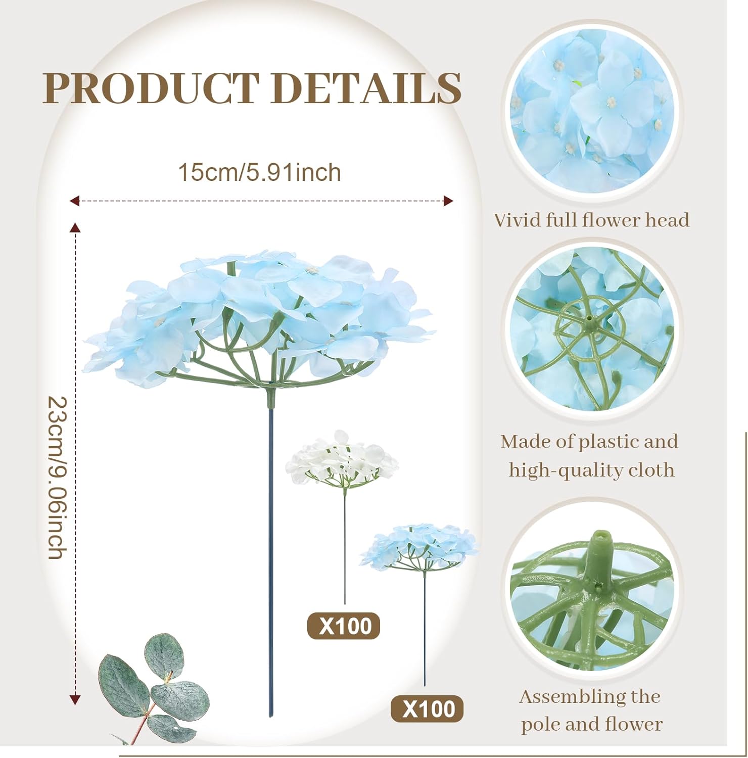 Zeyune 200 Pcs Artificial White Blue Hydrangea Flowers with Stems Silk Fake Hydrangea Bouquet for Wedding Arch Backdrop Table Centerpieces DIY Floral Home Party Decoration