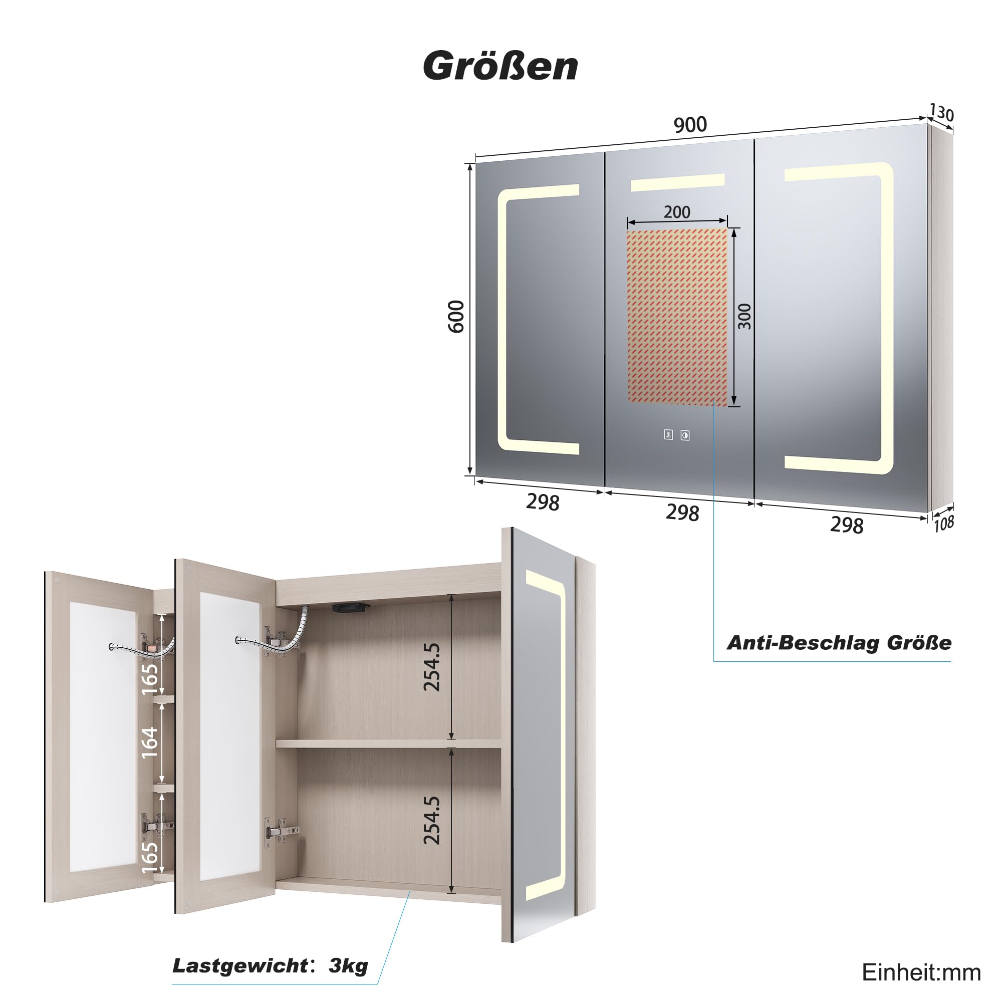 SONNI Spiegelschrank mit Beleuchtung 90x60 cm, 3 Türen LED Spiegelschrank Bad mit Anti-Beschlag, Steckdose, 3 Lichtfarben, Dimmbar, Vollständig Montiert