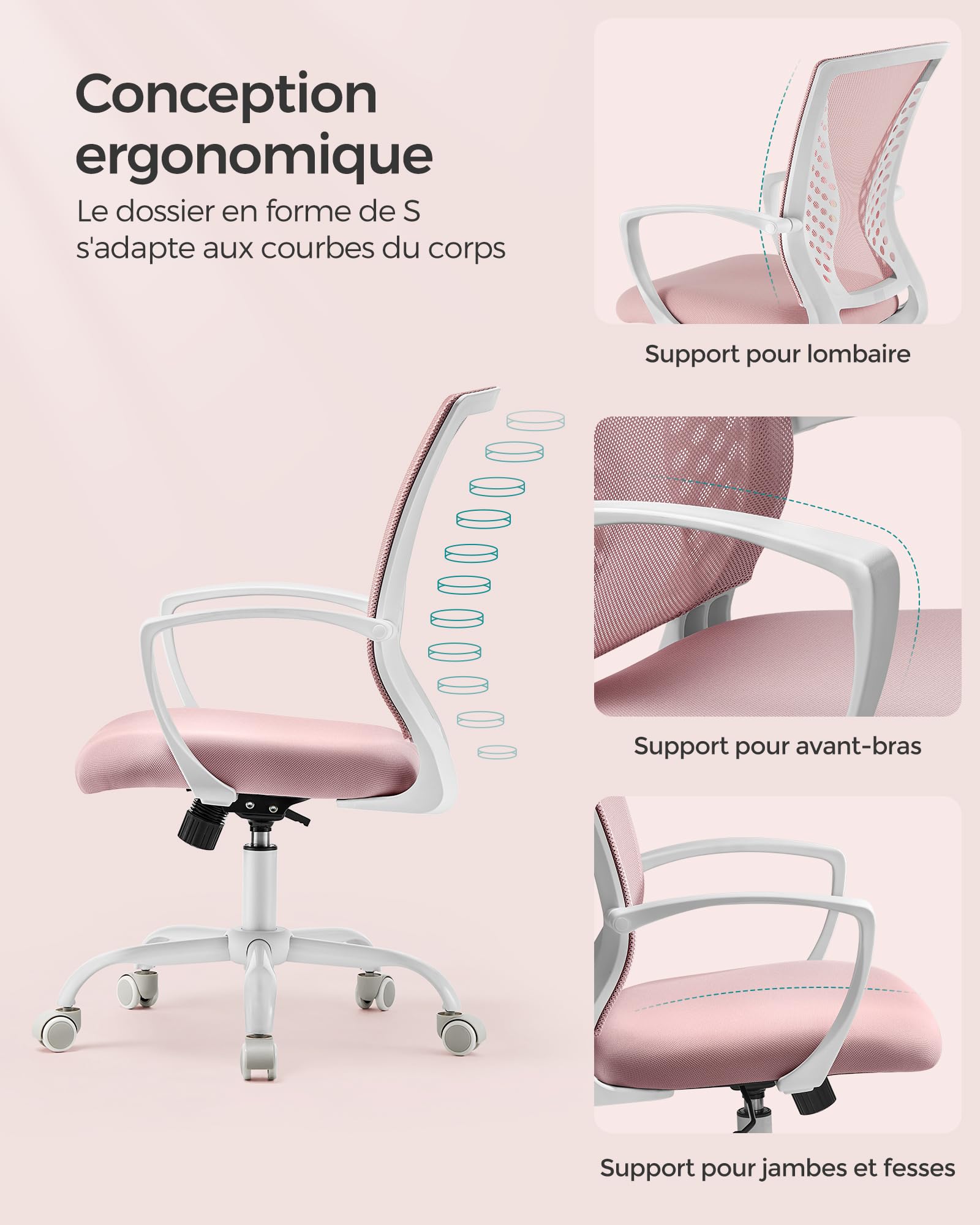SONGMICS Fauteuil de Bureau en Toile, Chaise Ergonomique, pivotant