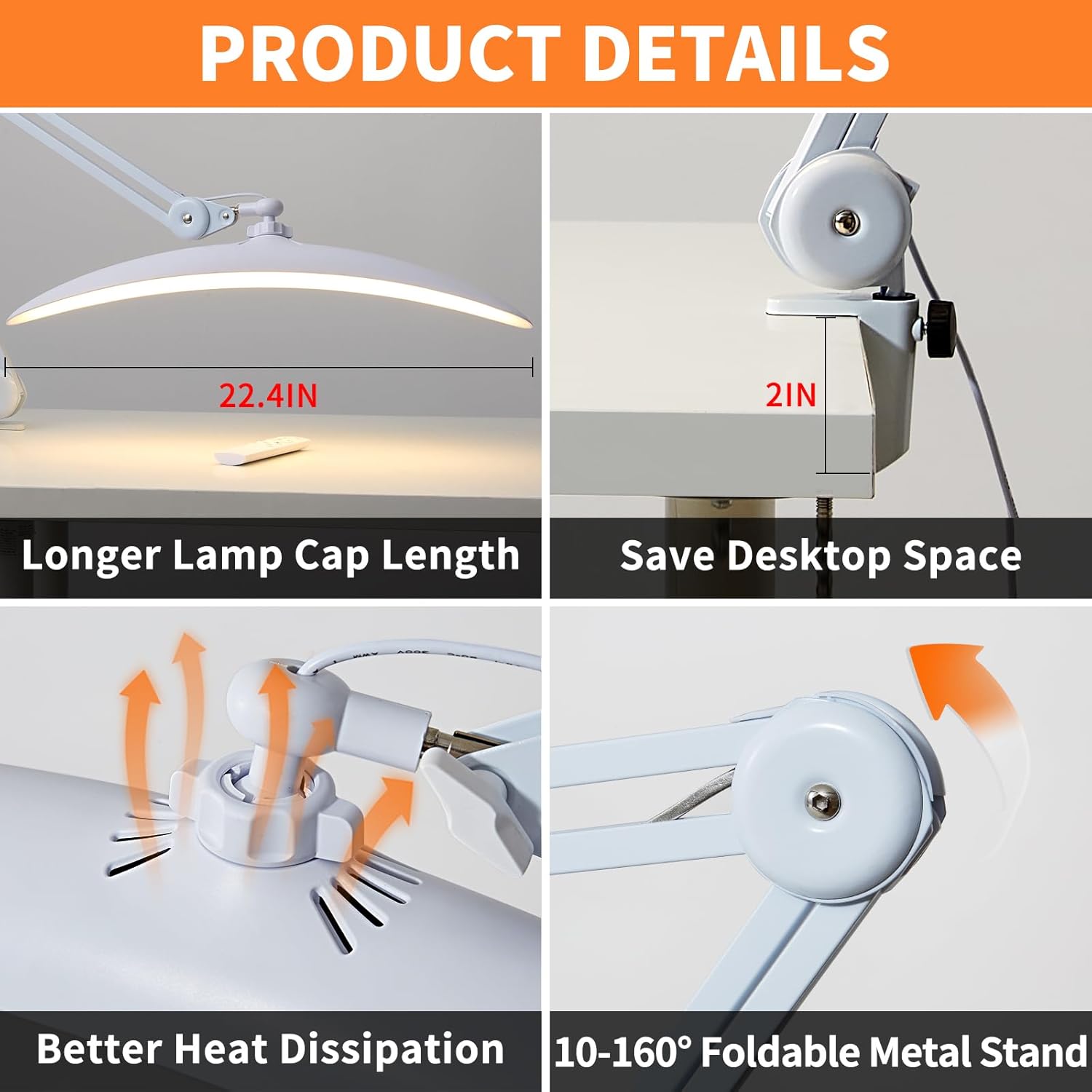 48W Eye-Caring LED Clip On Desk Lamp, 3 Color Temperatures 2700K/4200K/5600K, Dimmable Desk Light with CRI 95+, Curved Design for Focused Lighting for Crafting, Painting, Hobby & Computer (gray)
