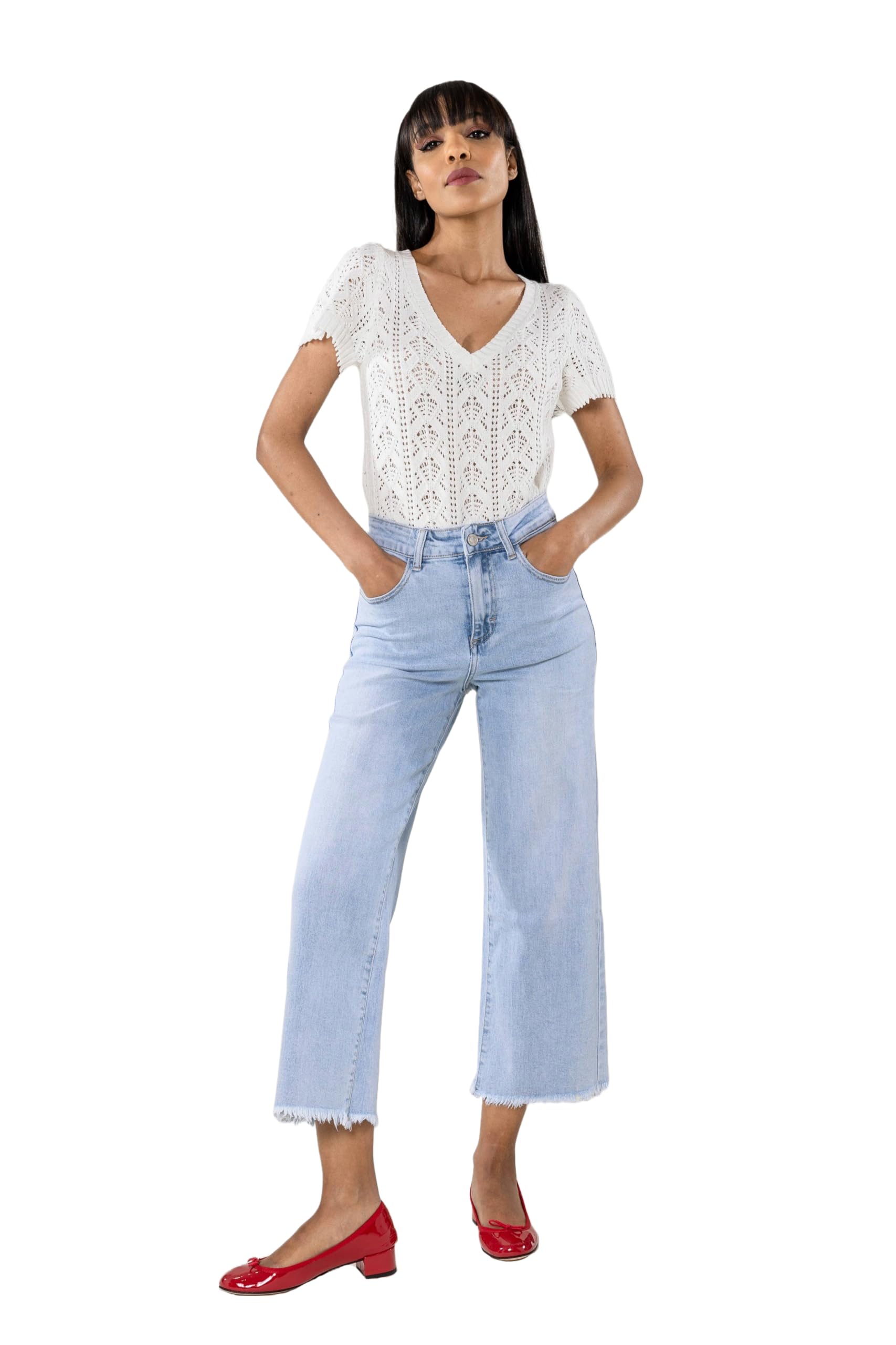 Nina Carter Q1850 damskie spodnie jeansowe Flared Cropped 3/8, dżinsy o wyglądzie "Used Look", wysoki stan
