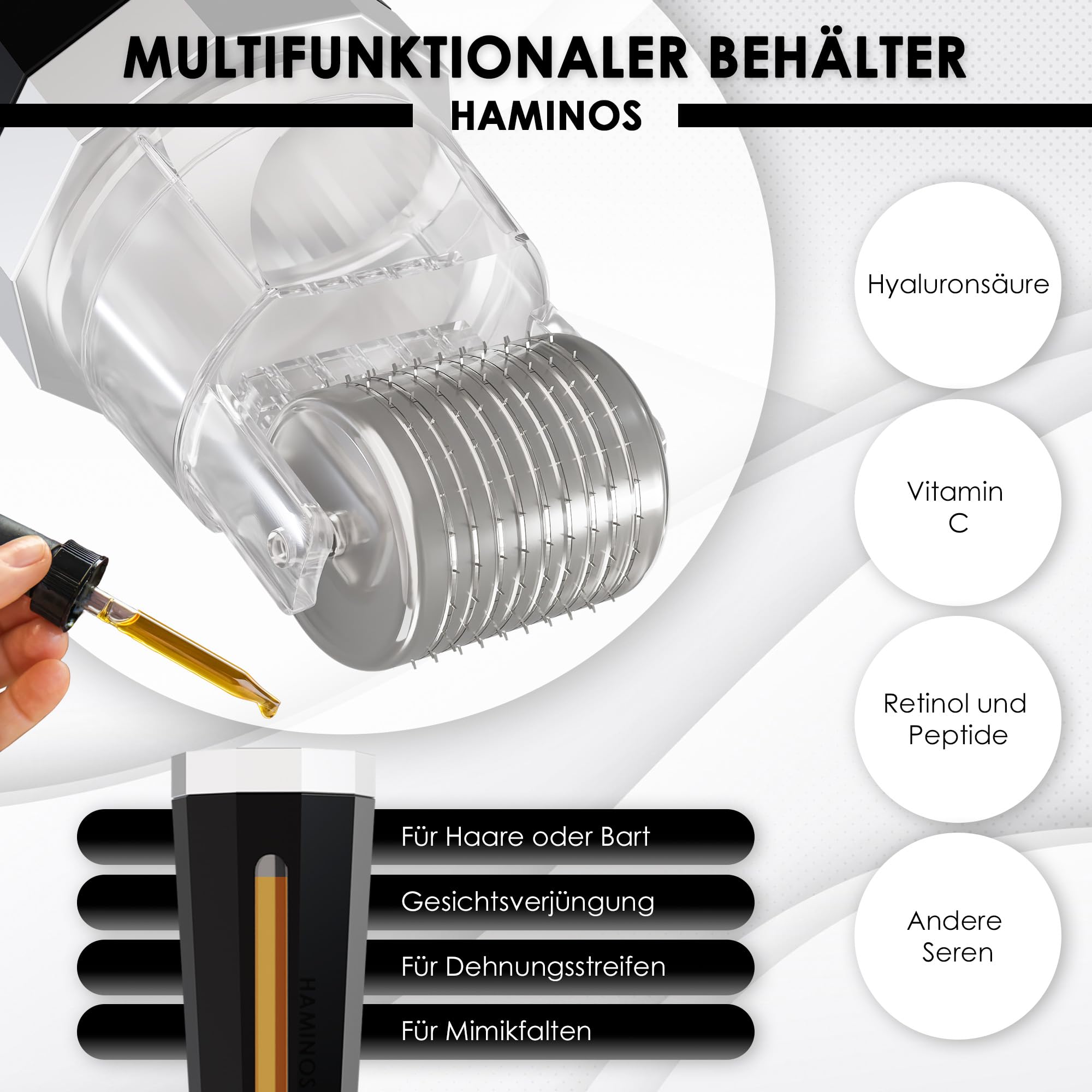 Derma roller 0,5 mm 3.0 mit Tank für Haare, Bart, Haut, Falten, Dehnungsstreifen, Hyperpigmentierung SOFORTIGE SERUMANWENDUNG, 520 Titannadeln