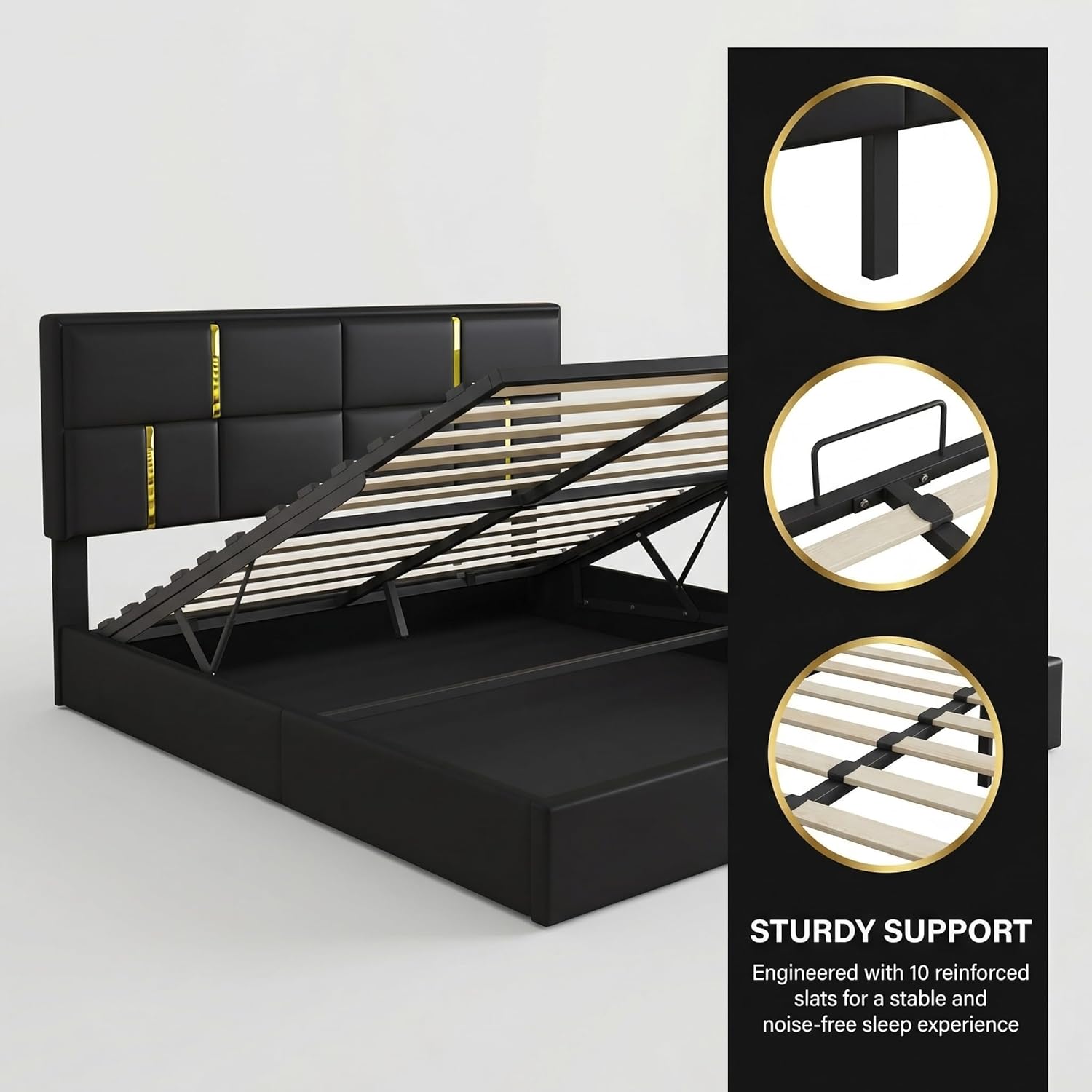 Queen Size Lift Up Storage Bed Frame with Hydraulic Storage System, PU Upholstered Platform Bed with Headboard and Metal Wood Slats for Bedroom, No Box Spring Needed, Black