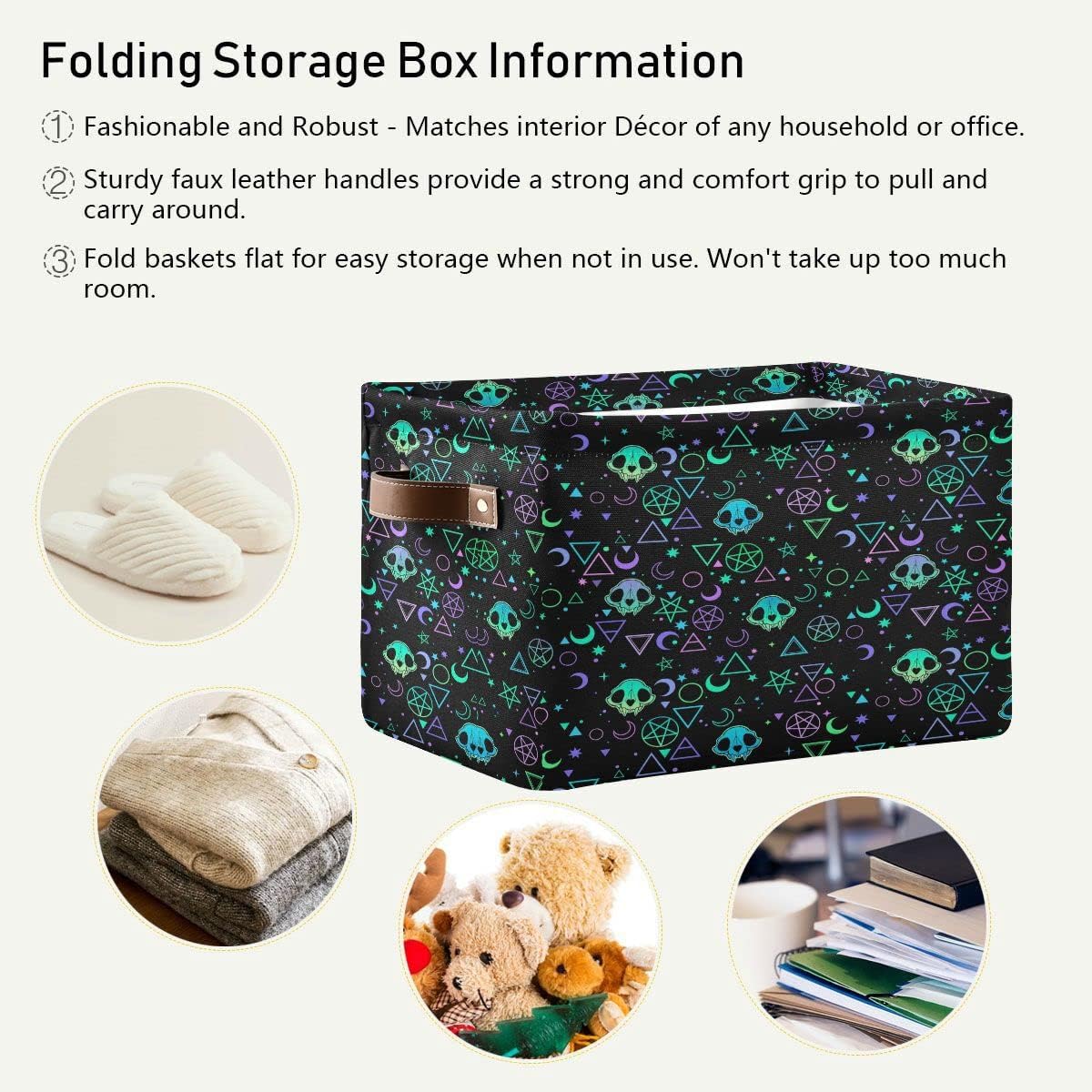 Skull Magic Symbol Storage Basket Fabric Kitchen Baskets Halloween Moon Stars Open Home Storage Bins Boxes Foldable Organizer Bag for Baby Cloth Pet Toy Book Shelf Closet Baskets 16×12×8 Inches