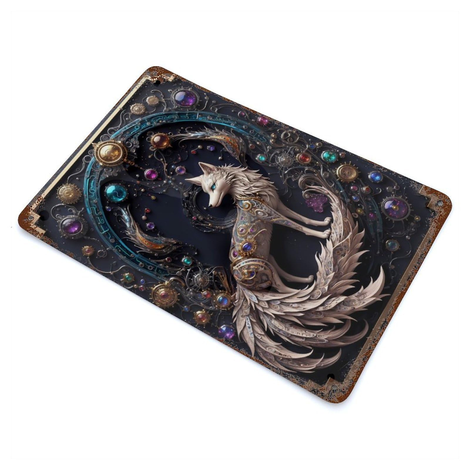 Majestic Steampunk Fox 11.8"x7.9" Rustic Tin Plaque, Novelty Wall Decor for Living Room, Hallway And Home Decor