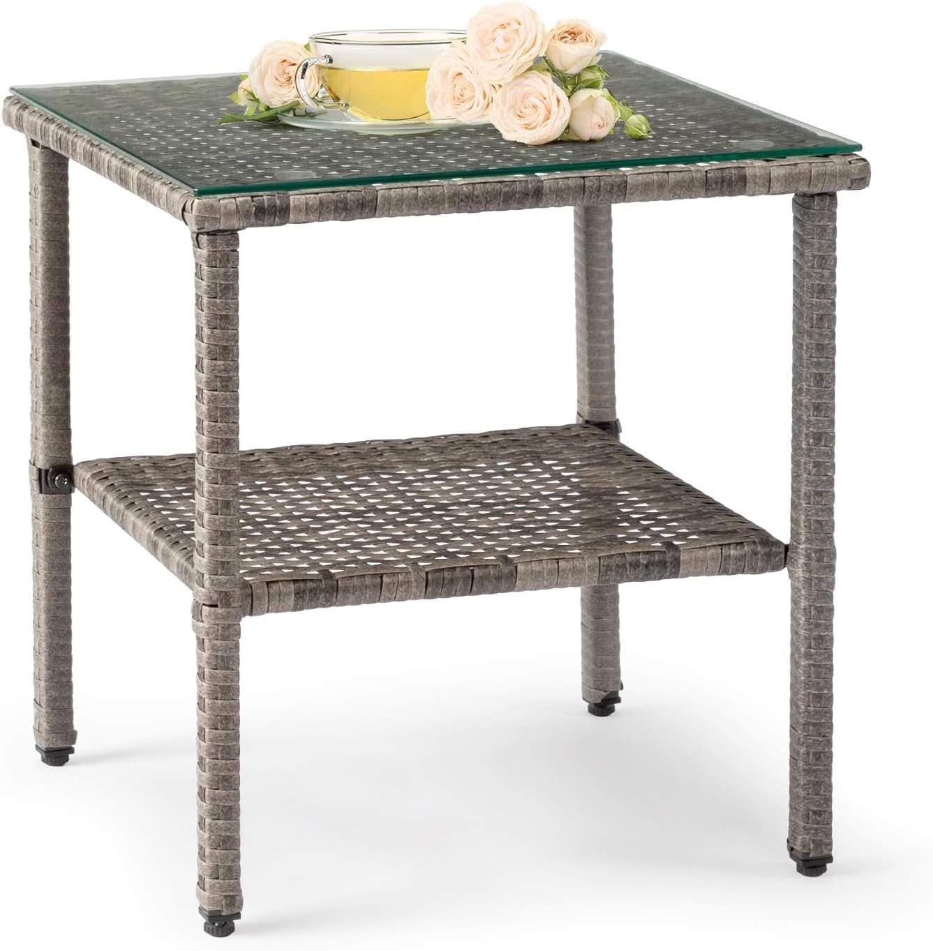VINGLI Outdoor Wicker Side Table Patio Side Tables for Outside, Tempered Glass Top Wicker Table with Storage End Table for Patio Balcony Porch Deck (Grey)