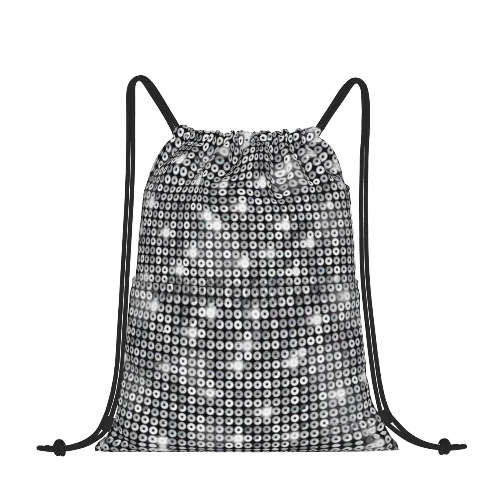 Esasam Black Silver Sequin Sparkle Pattern Print Stylish Drawstring Backpack Â€“ Lightweight And Durable, Perfect For Any Occasion