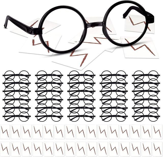TUPARKA 30 Pieces Wizard Round Glasses Frame No Lenses Eyeglasses with 30 Pieces Lightning Bolt Tattoos for Kids Halloween Party Bag Fillers