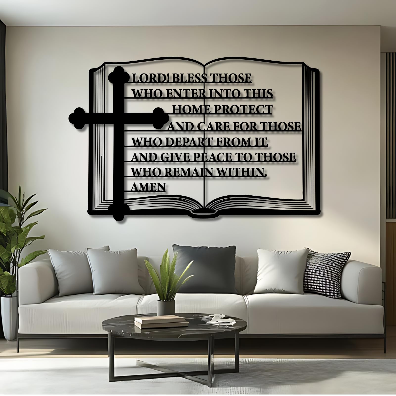 Cruz de Metal Negro con versículo bíblico para Pared, decoración de Arte Cristiano de Metal con Escritura, Escultura Moderna Decorativa con versículo bíblico para Sala de Estar, Dormitorio,