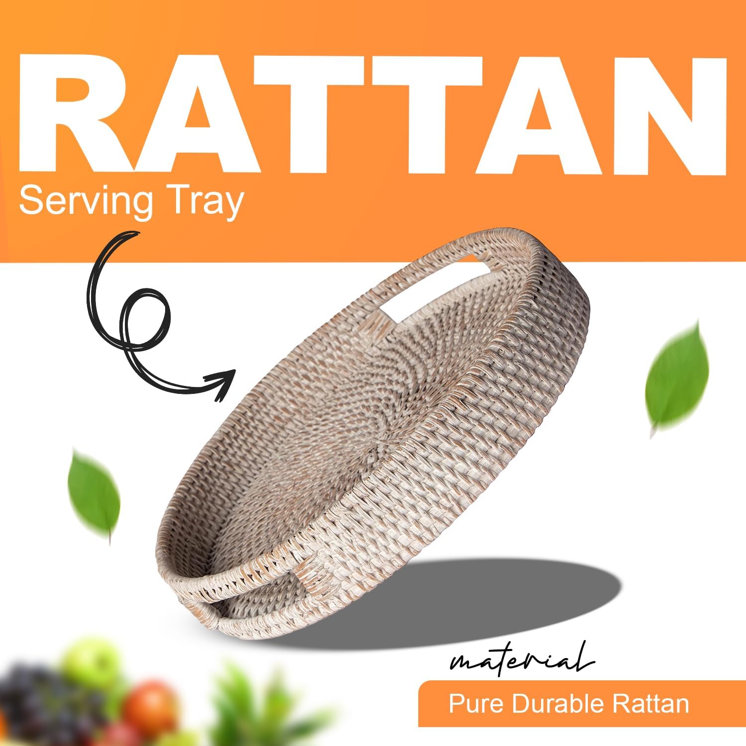 Round Rattan Tray with Handles and 3 Coasters - 12 Inch Handmade Woven Serving Basket Tray for Coffee Table Organization and Decor - Whitewash