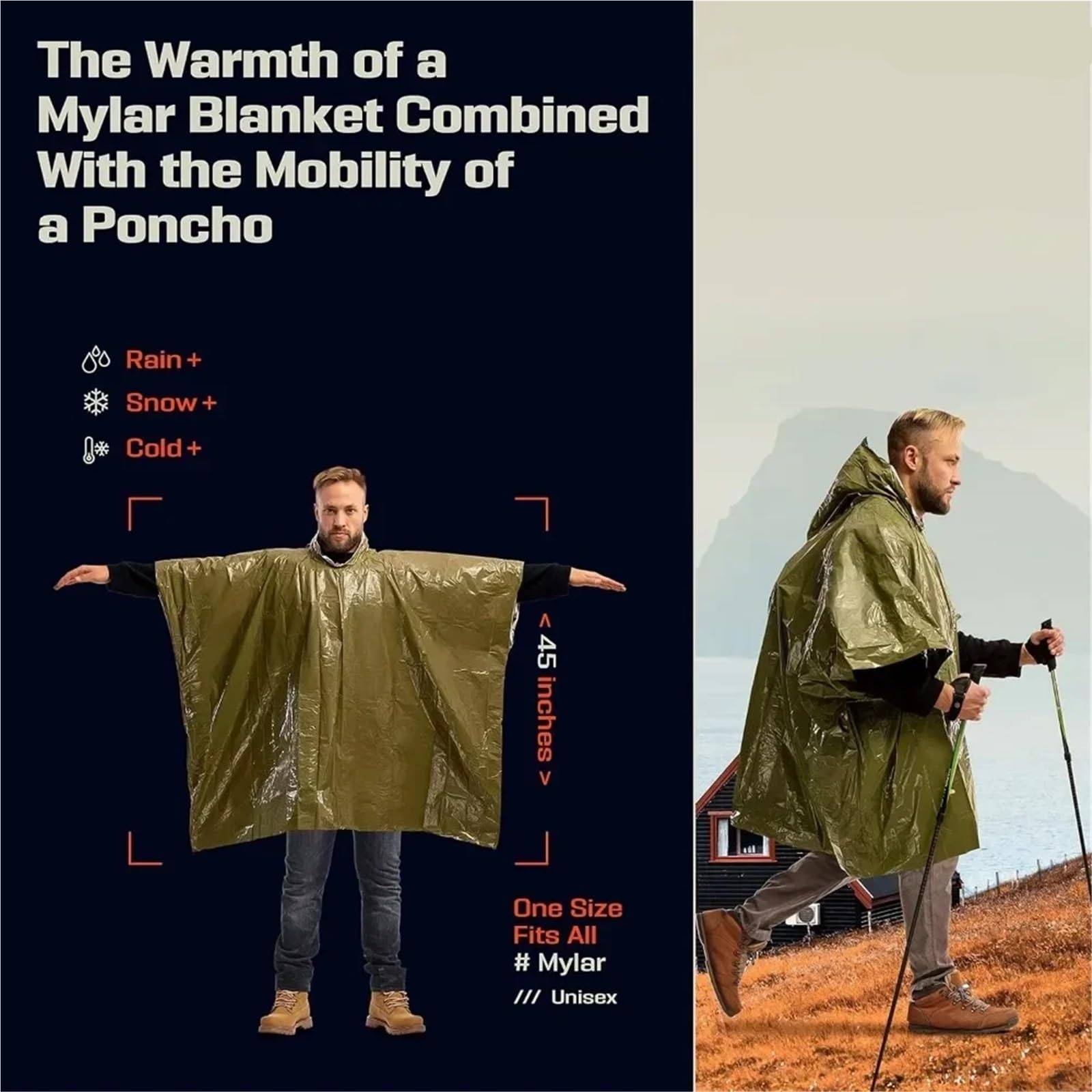 Poncho De Lluvia Chubasquero de emergencia a prueba de agua, Poncho de película de aluminio, ropa impermeable con aislamiento frío, mantas, herramienta de supervivencia, equipo de Camping(Orange)