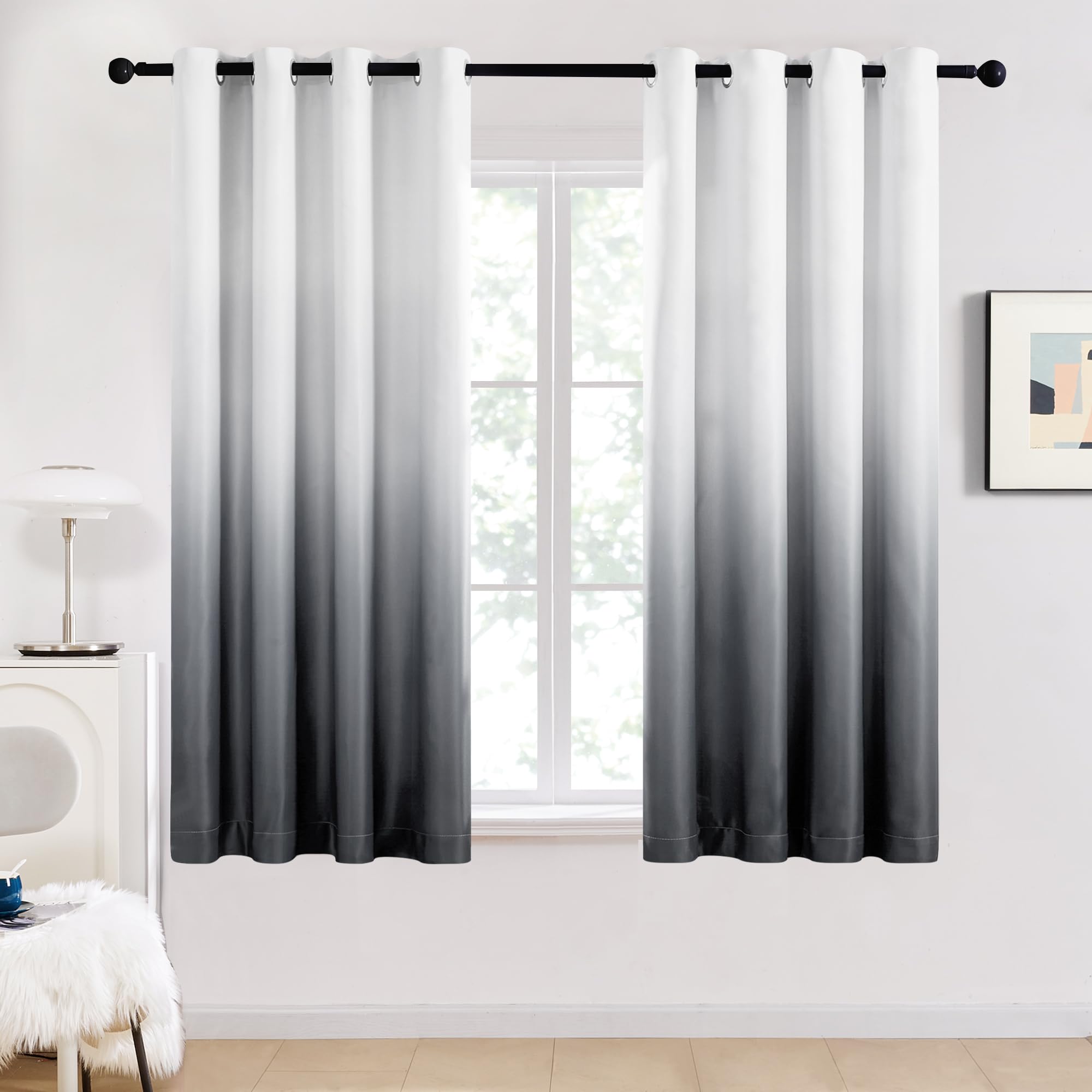 Deconovo Grey Curtains for Bedroom Thermal Insulated Top Ring Blackout Curtains Noise reducing Eyelet Curtains for Kitchen 46 x 54 Inch Light Grey and White 1 Pair