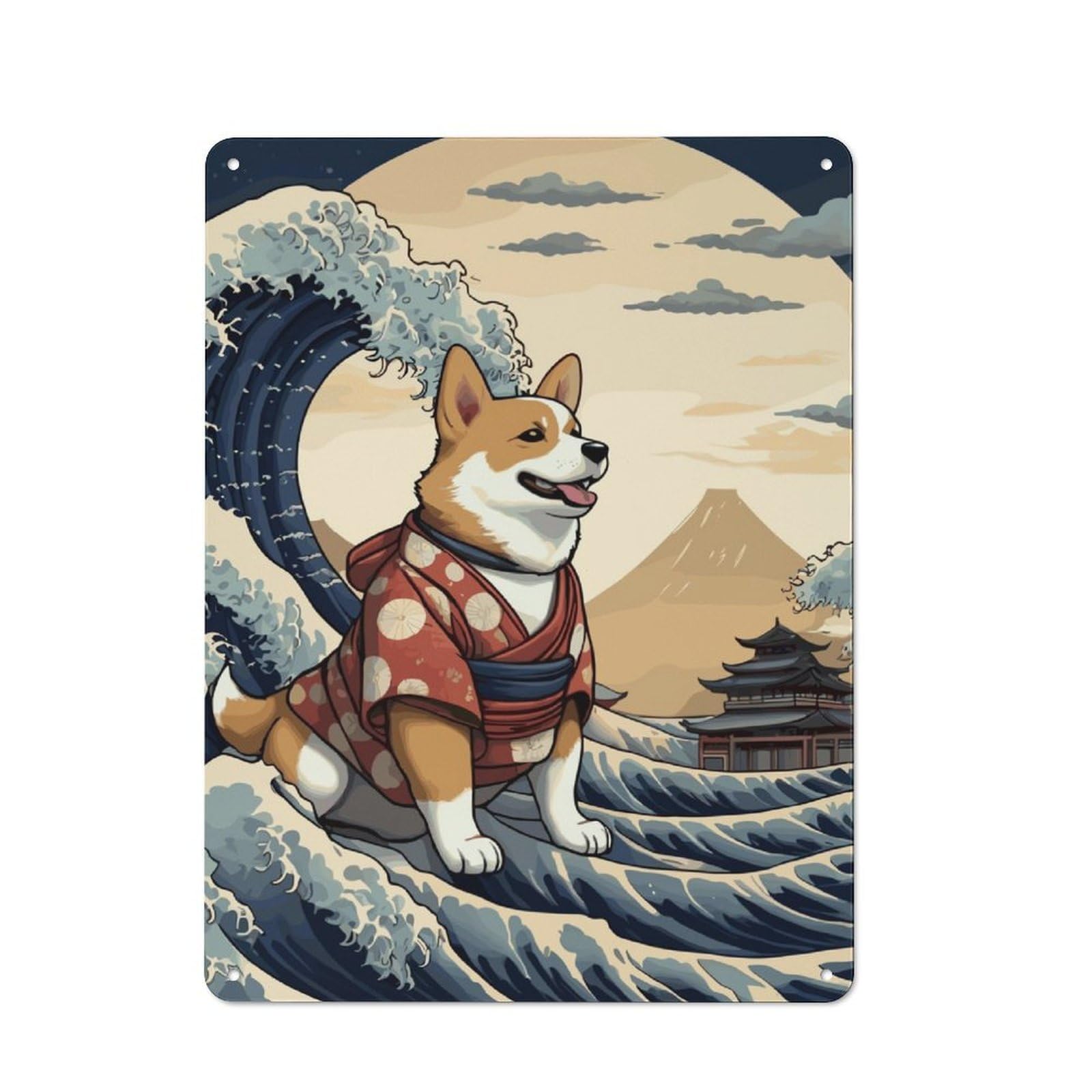 Junmoney Corgi Wave Off Kanagawa For Garden Room Or Summerhouse, Retro Metal Sign 40X30cm, For Metal Sign Collectors, For Vintage Wall Decor Fans