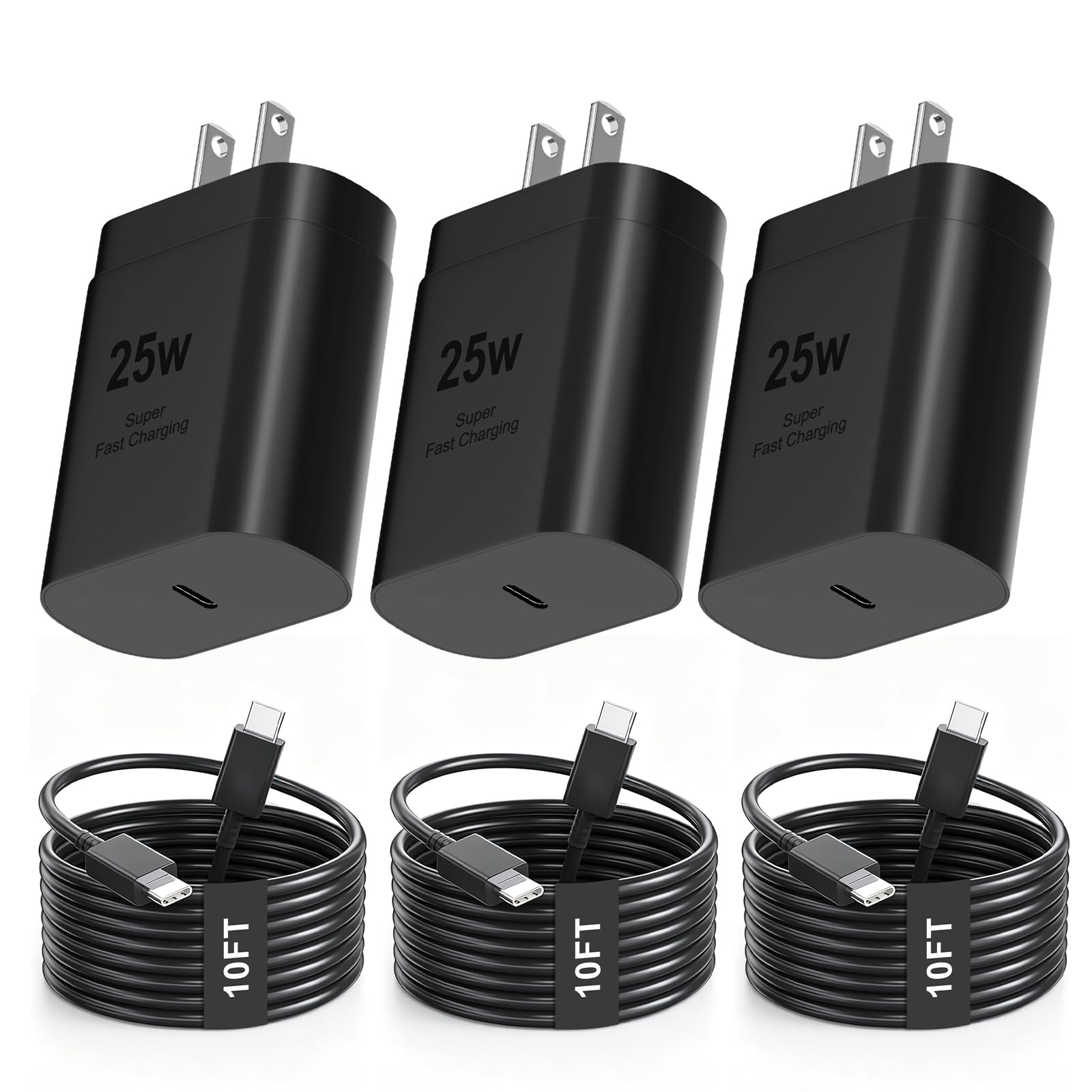 Typ-C-Ladegerät, Schnellladung, 25 W, USB-C-Block mit USBC-Ladekabel, 3 m, kompatibel mit Samsung Galaxy S25/S25 Ultra/S25+/S24/S24+/S24 Ultra/S23/S23 Ultra/S23+/S22/S21/S20/Note 20/10, 3 Stück