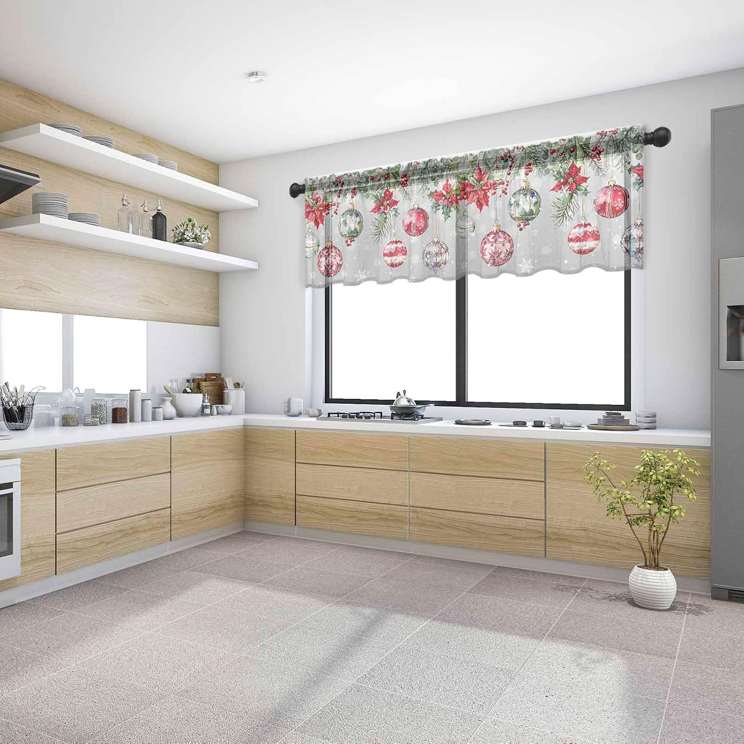 Gray Christmas Balls Sheer Valance, 60"x18" Light Filtering Kitchen Curtain Valances, Red Green Xmas Botanical Snowflake Chiffon Rod Pocket Living Room/Bedroom/Cafe Curtains