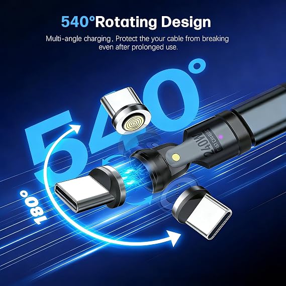 Magnetic USB C to C Adapter, 240W PD Fast Charging | 480Mbps Data 9-Pin Breakaway Connector 540 Rotating Swivel LED Indicator Port Protection Tips for USB-C Tablets Laptops