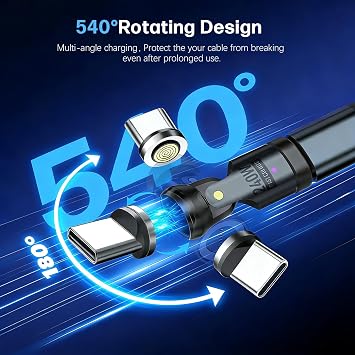 Magnetic USB C to C Adapter, 240W PD Fast Charging | 480Mbps Data 9-Pin Breakaway Connector 540 Rotating Swivel LED Indicator Port Protection Tips for USB-C Tablets Laptops