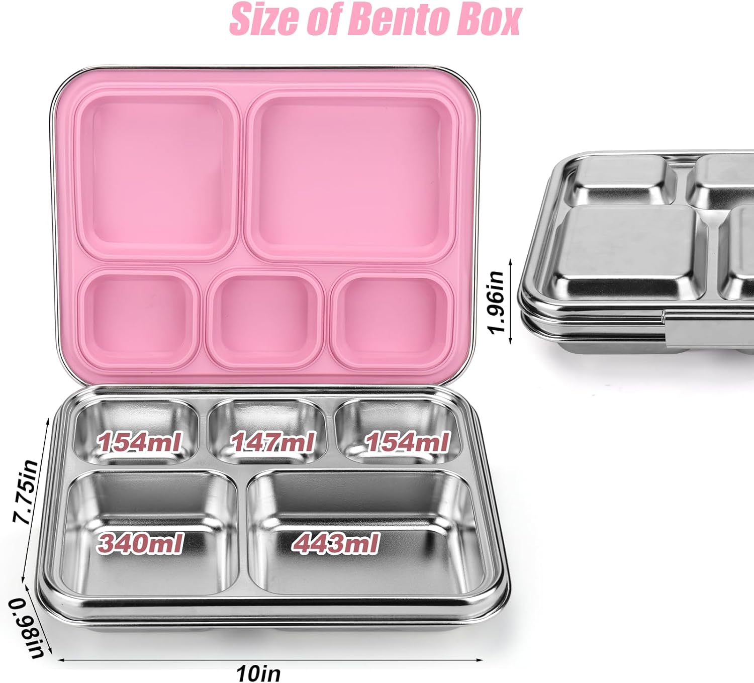 Palksky Lunch Bento Box Stainless Steel, Metal Bento Boxes for Kids Leak-Proof, 5 Compartments Lunchable Food Storage Containers with Lid for School, Office, Travel - Pink - Image 2